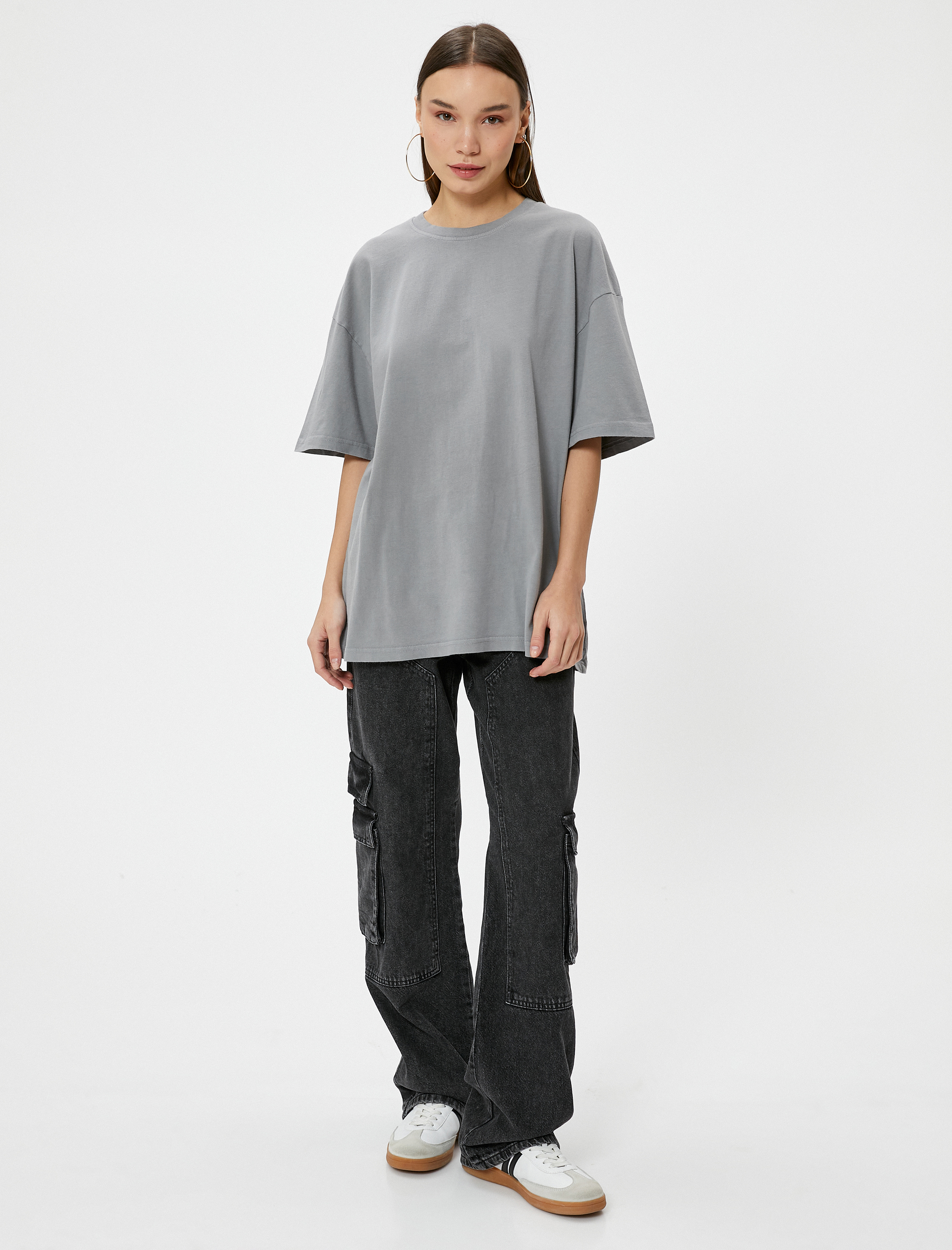   Oversize Tişört Soluk Efektli Kısa Kollu Bisiklet Yaka Pamuklu