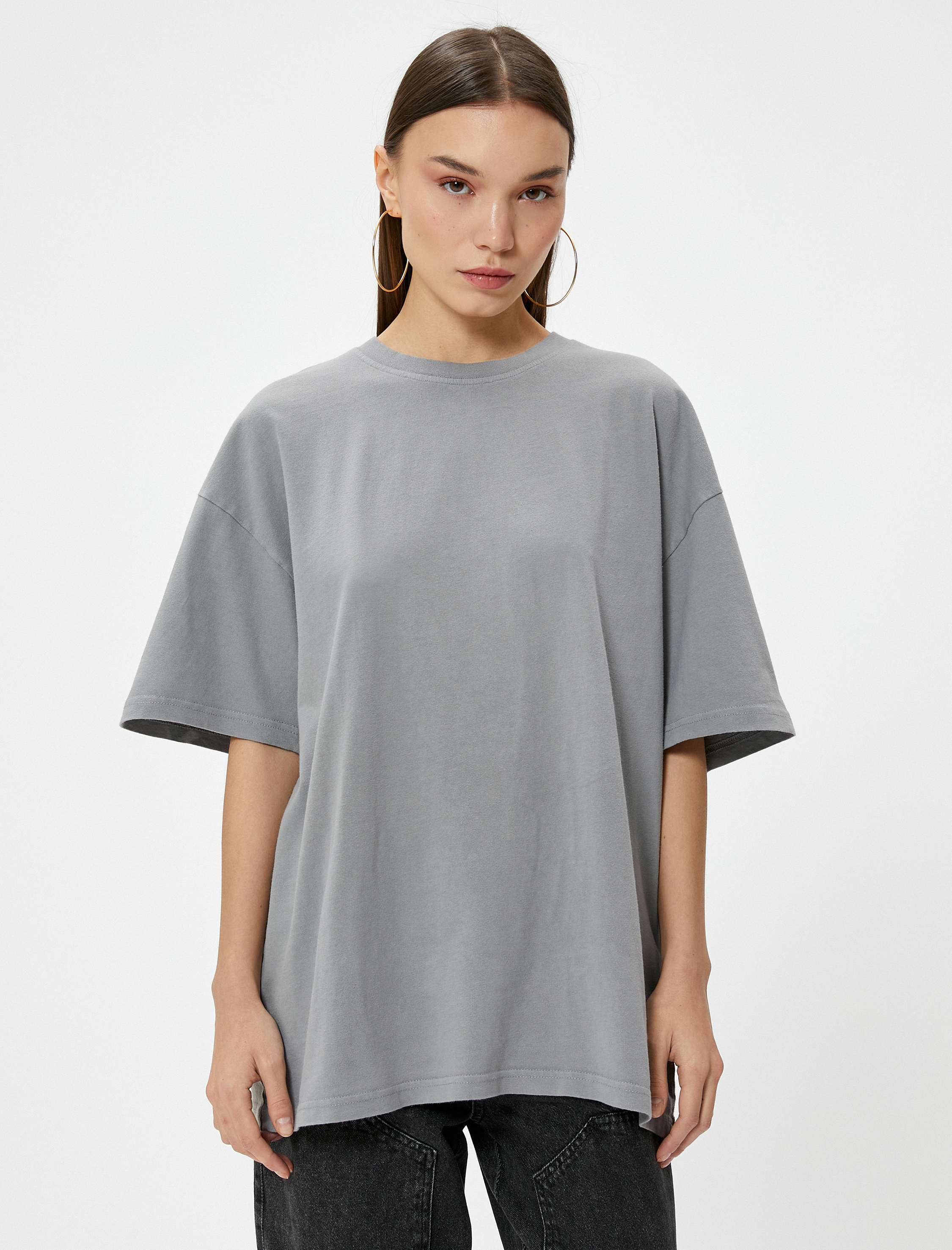   Oversize Tişört Soluk Efektli Kısa Kollu Bisiklet Yaka Pamuklu