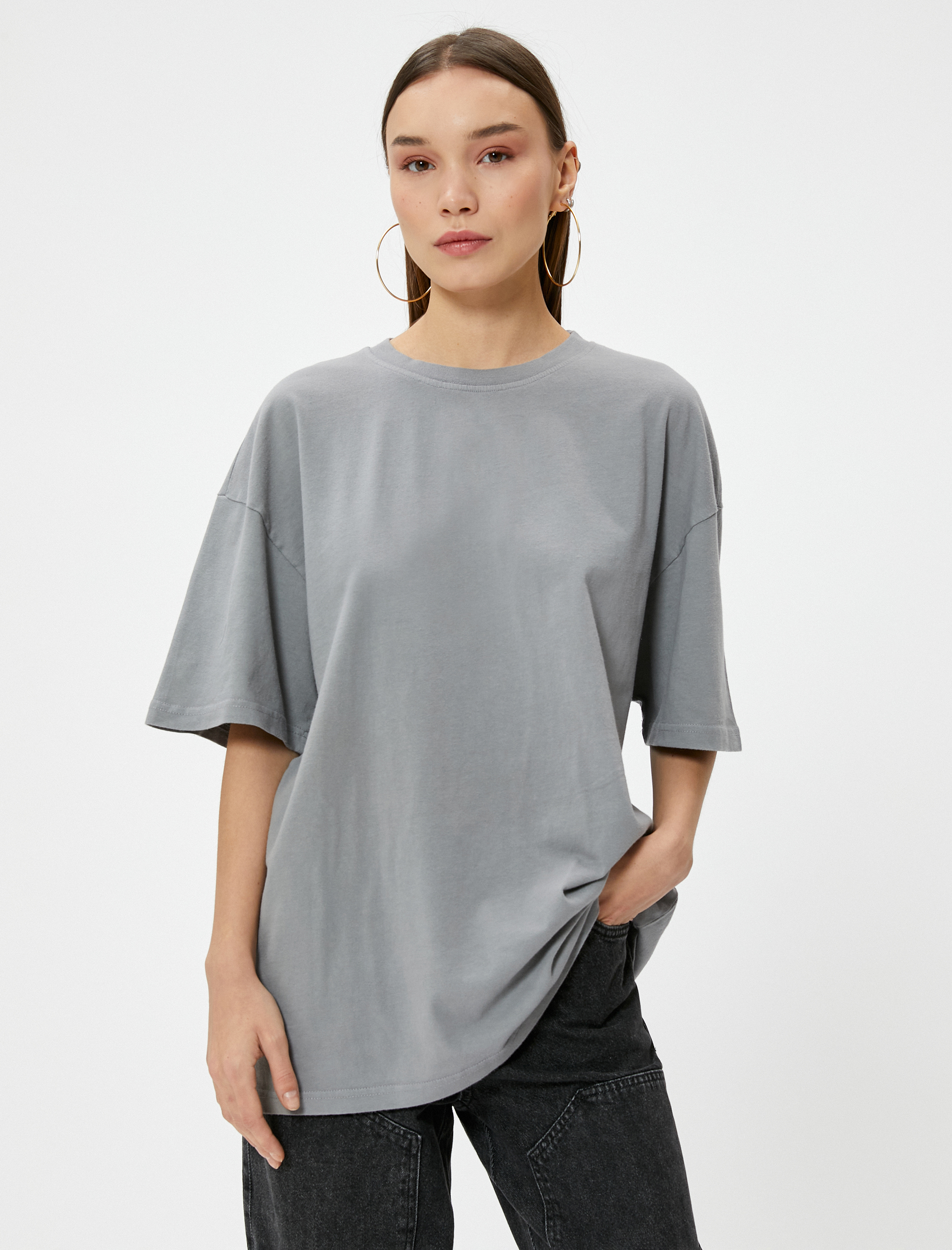   Oversize Tişört Soluk Efektli Kısa Kollu Bisiklet Yaka Pamuklu