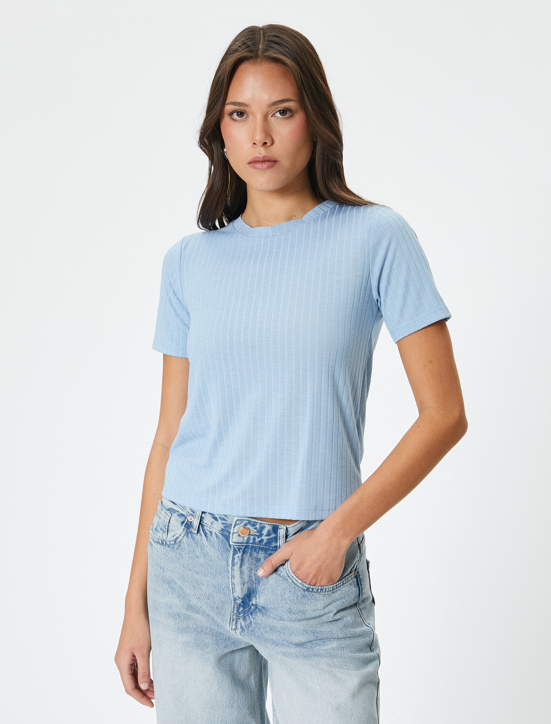   Kısa Kollu Tişört Bisiklet Yaka Fitilli Slim Fit