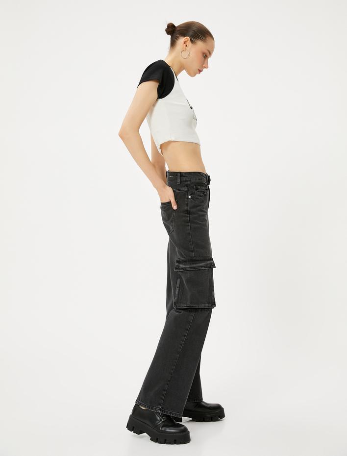  Kargo Kot Pantolon Düz Paça Standart Bel Cepli Pamuklu - Nora Cargo Straight Jeans