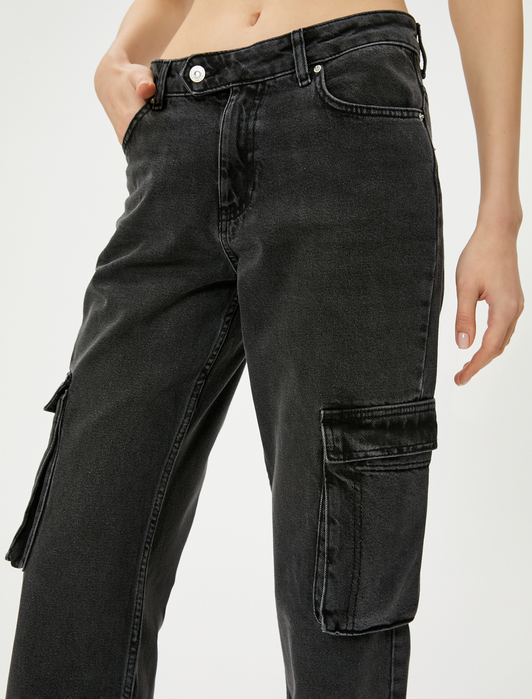   Kargo Kot Pantolon Düz Paça Standart Bel Cepli Pamuklu - Nora Cargo Straight Jeans