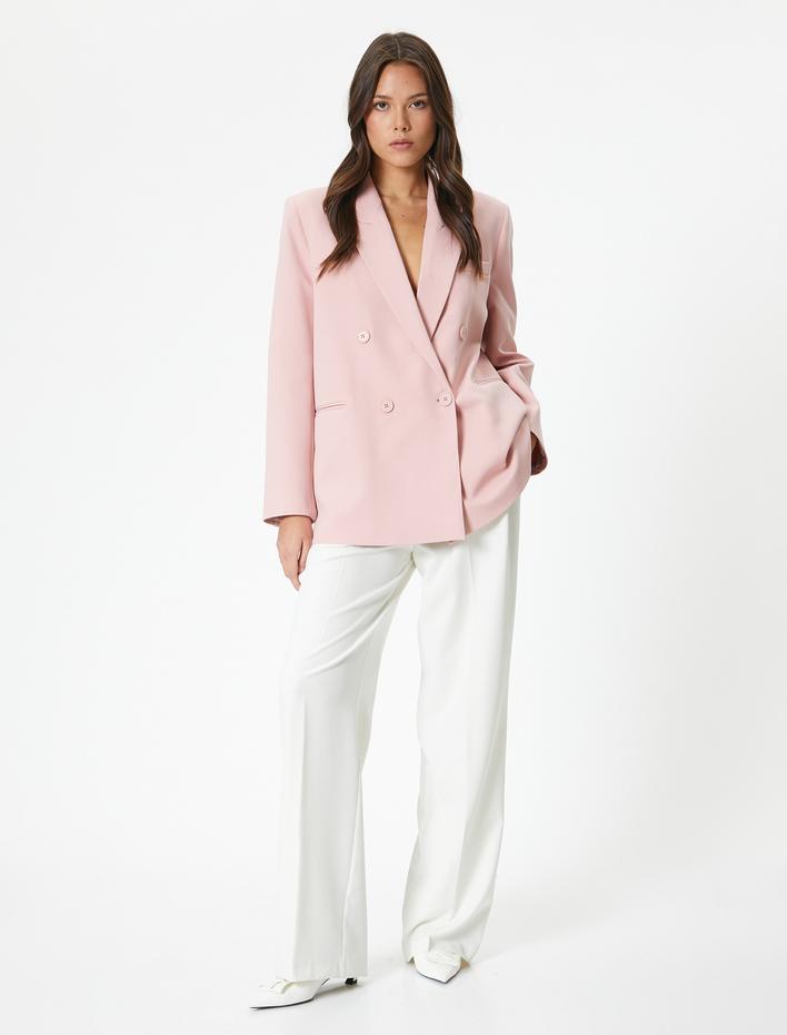  Oversize Blazer Ceket Kruvaze Düğmeli Fleto Cepli