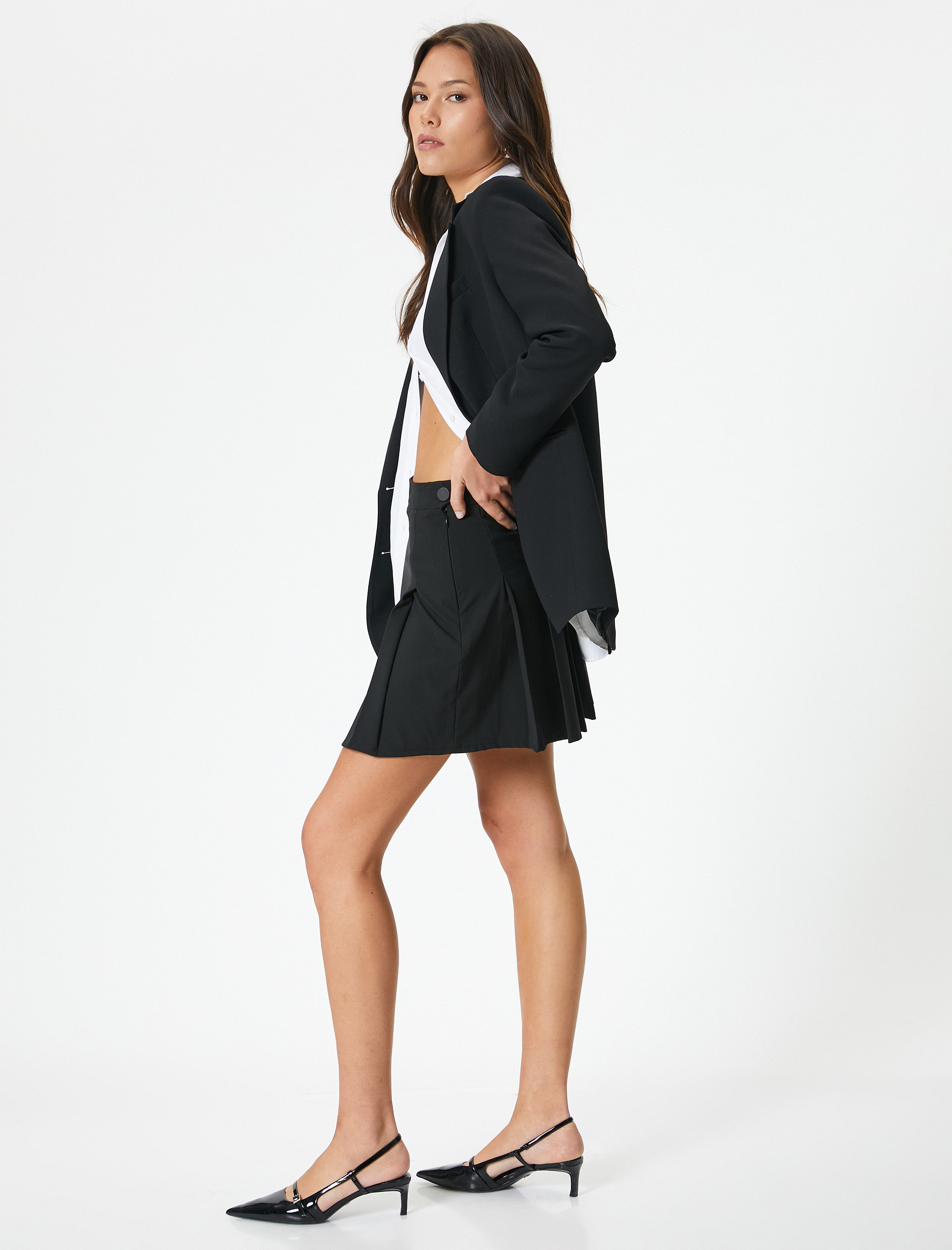   Mini Pileli Etek Normal Bel Fermuar Kapama