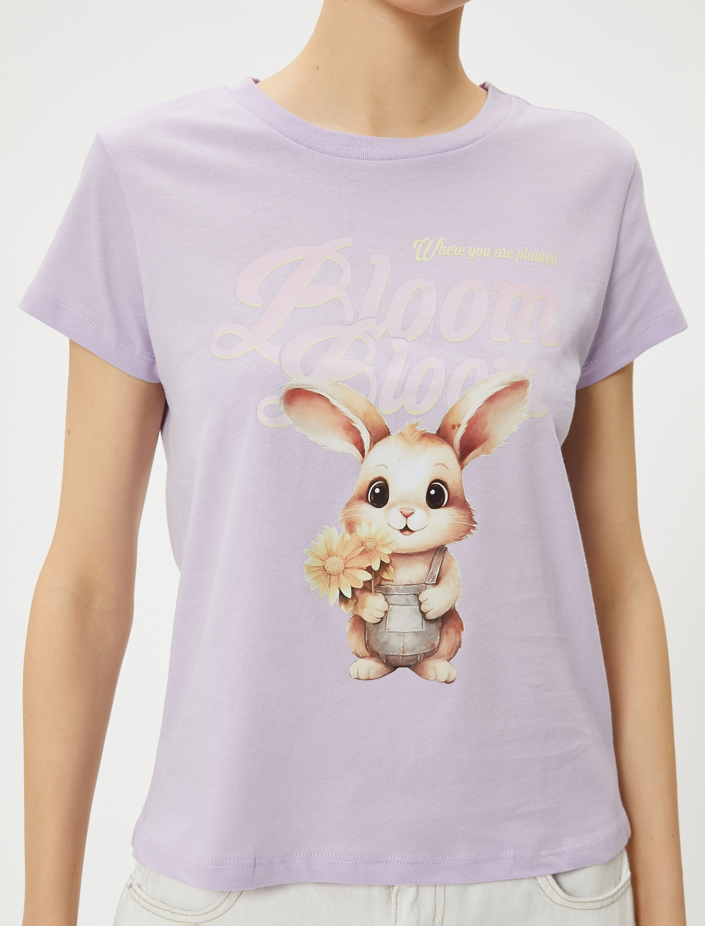   Tavşan Baskılı Tişört Kısa Kollu Bisiklet Yaka Pamuklu