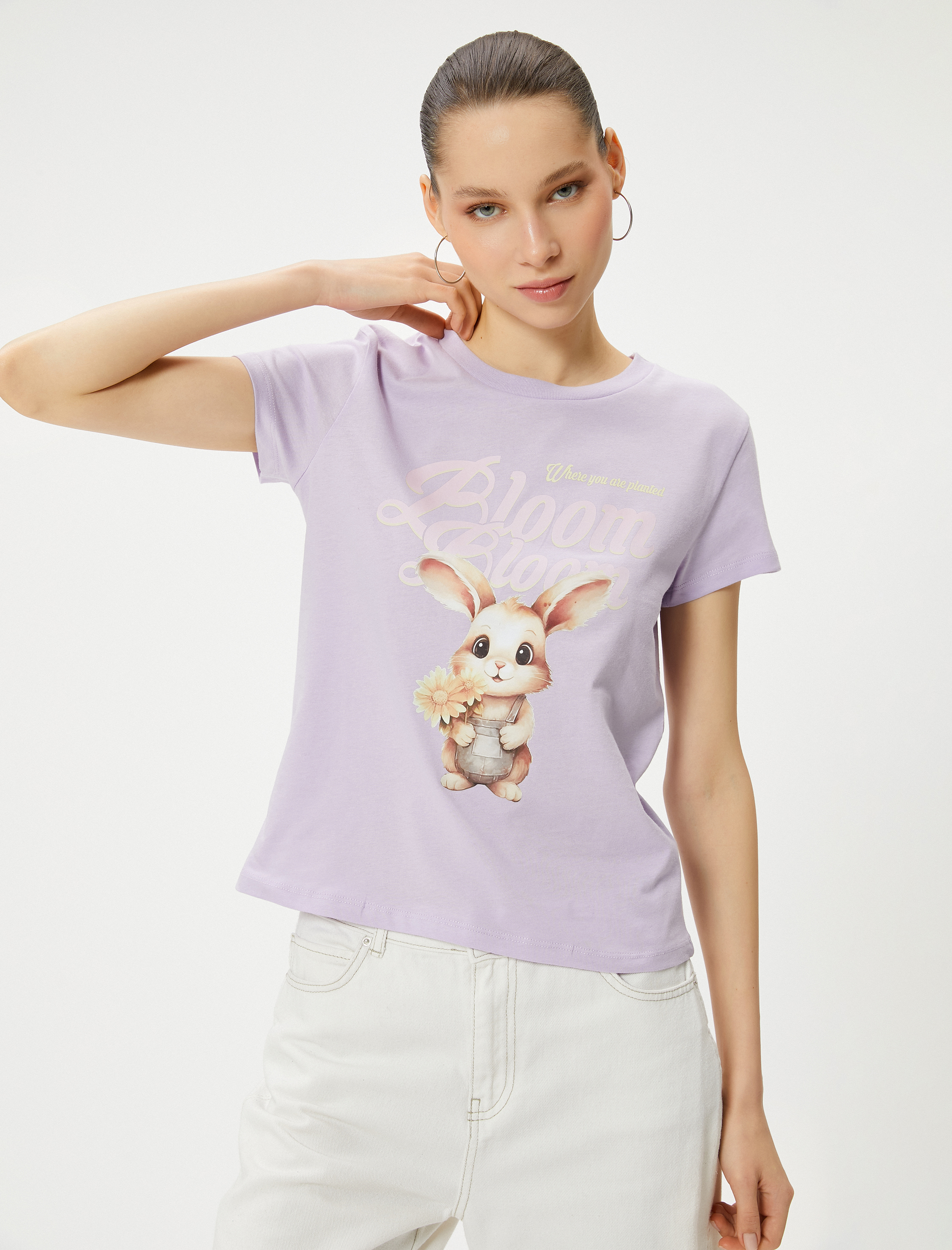   Tavşan Baskılı Tişört Kısa Kollu Bisiklet Yaka Pamuklu