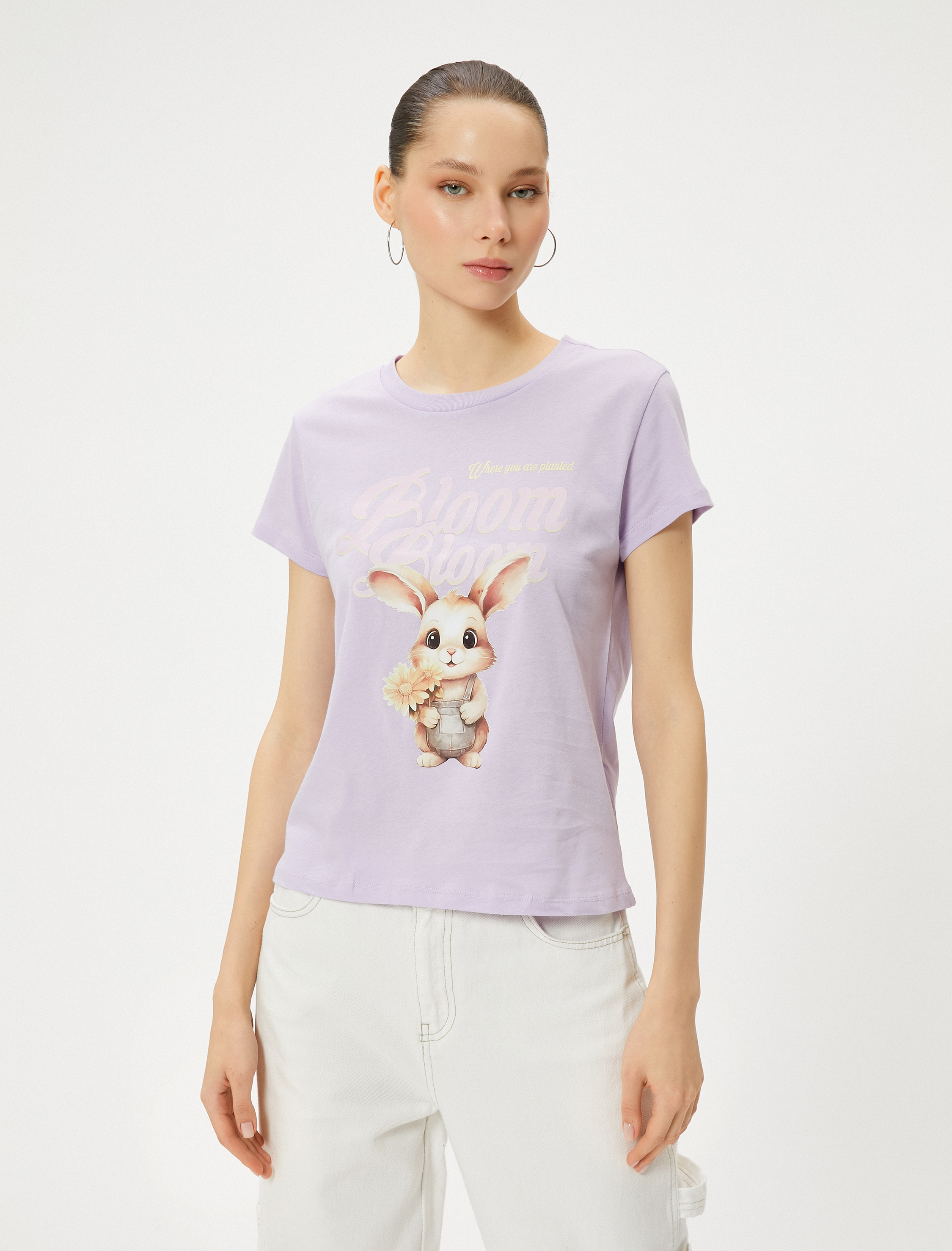   Tavşan Baskılı Tişört Kısa Kollu Bisiklet Yaka Pamuklu