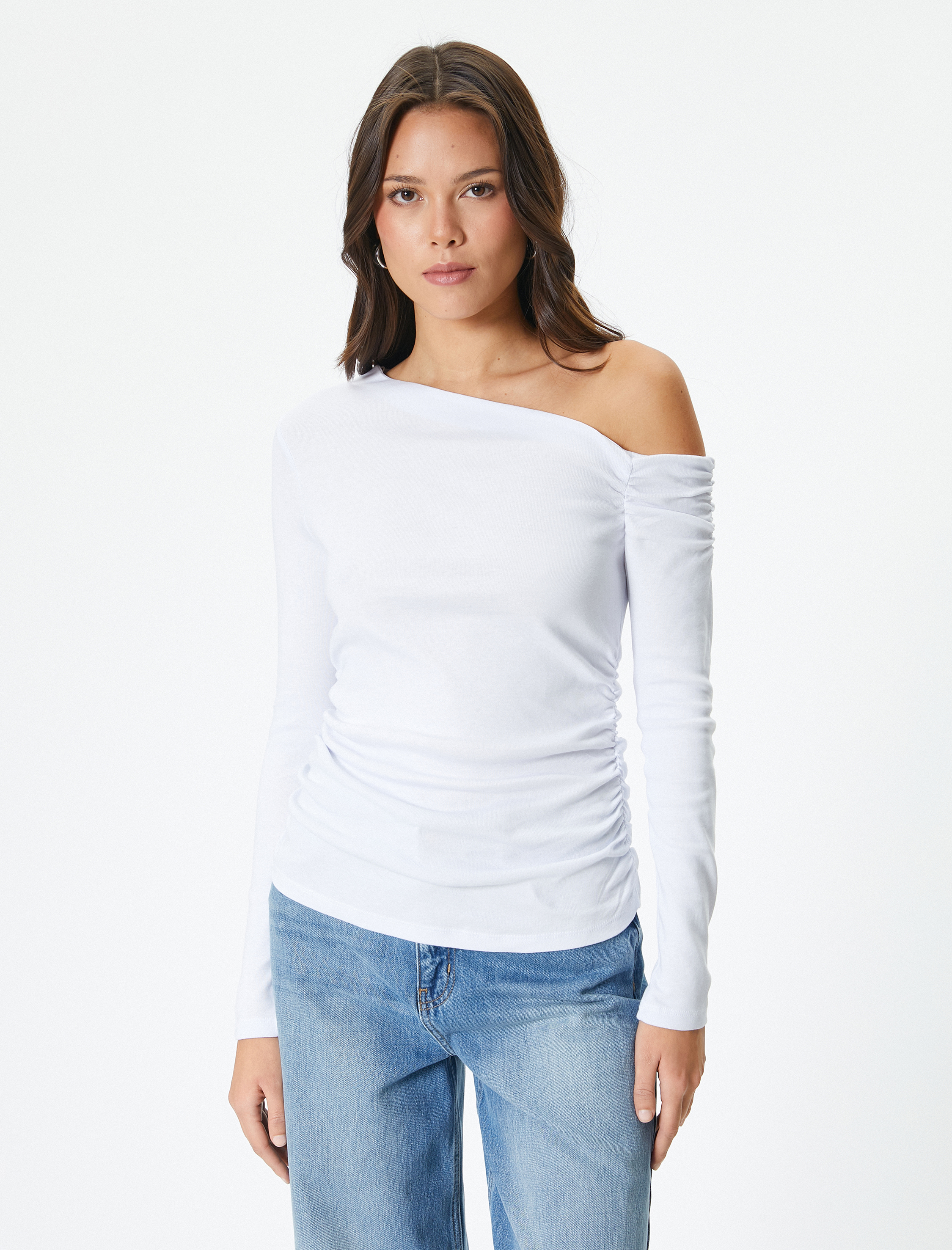   Tek Omzu Açık Tişört Uzun Kollu Drapeli Pamuklu