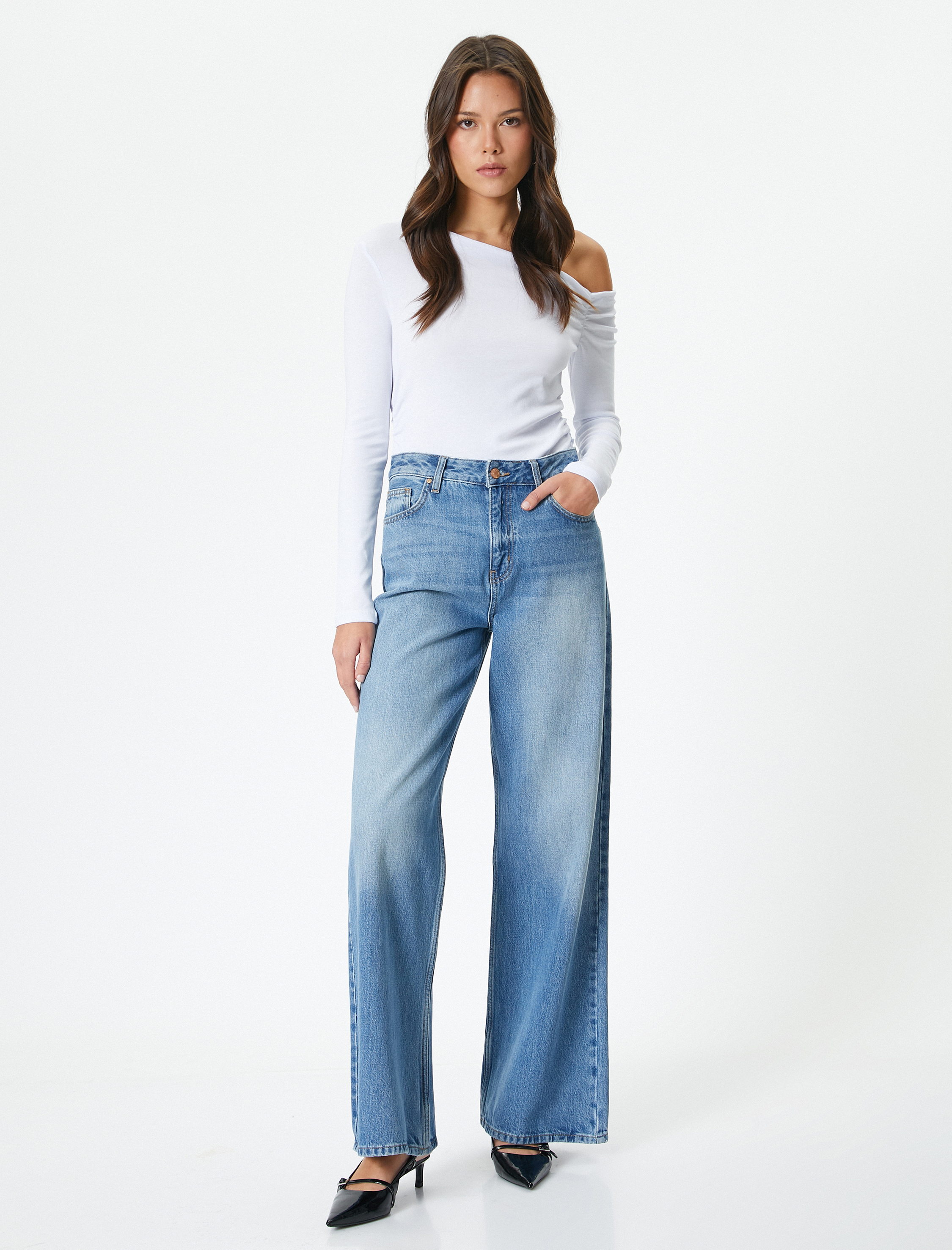   Tek Omzu Açık Tişört Uzun Kollu Drapeli Pamuklu