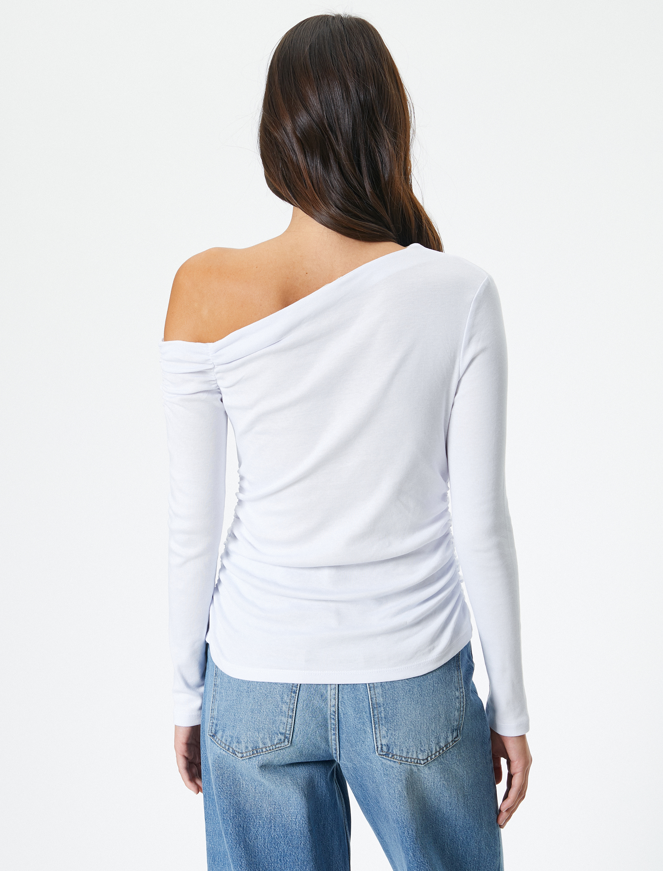   Tek Omzu Açık Tişört Uzun Kollu Drapeli Pamuklu