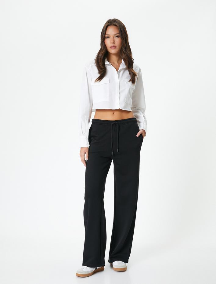  Bol Paça Pantolon Beli Bağcıklı Cep Detaylı Üç İplik Şardonlu