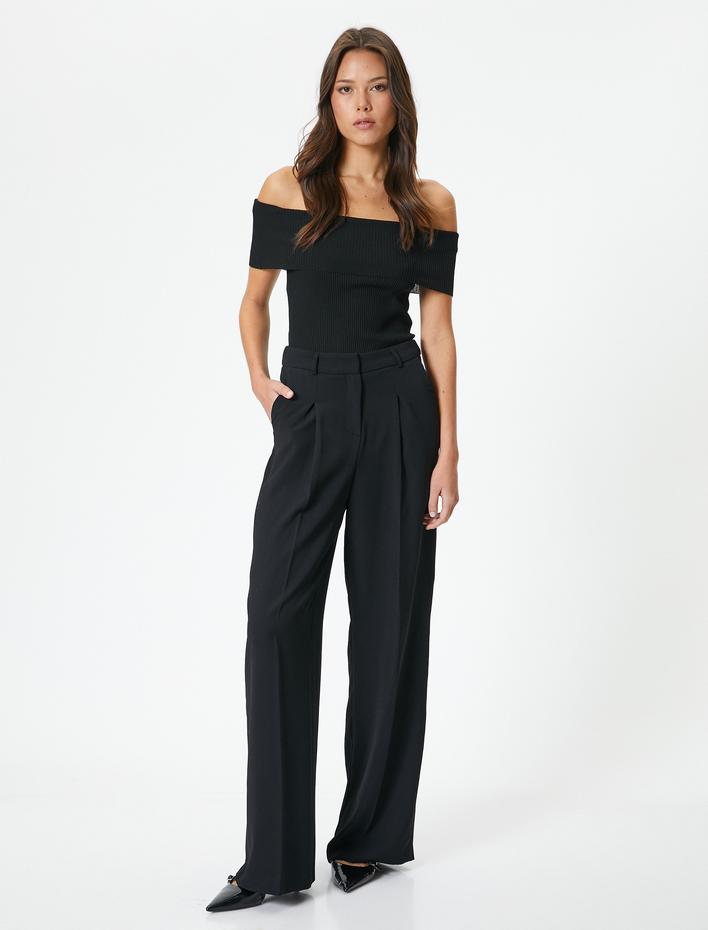  Madonna Yaka Omzu Açık Kazak Triko Fitilli Kısa Kollu