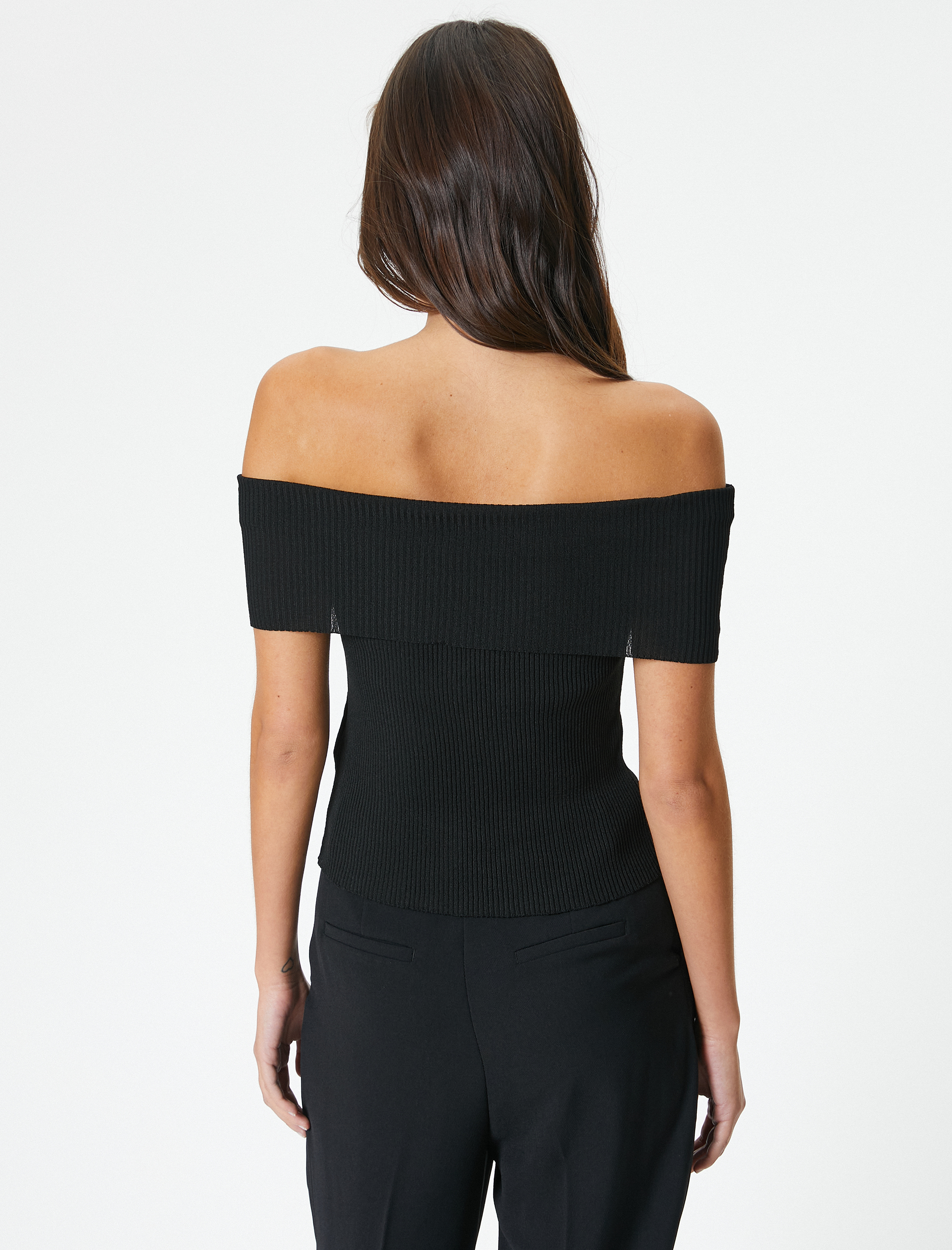   Madonna Yaka Omzu Açık Kazak Triko Fitilli Kısa Kollu