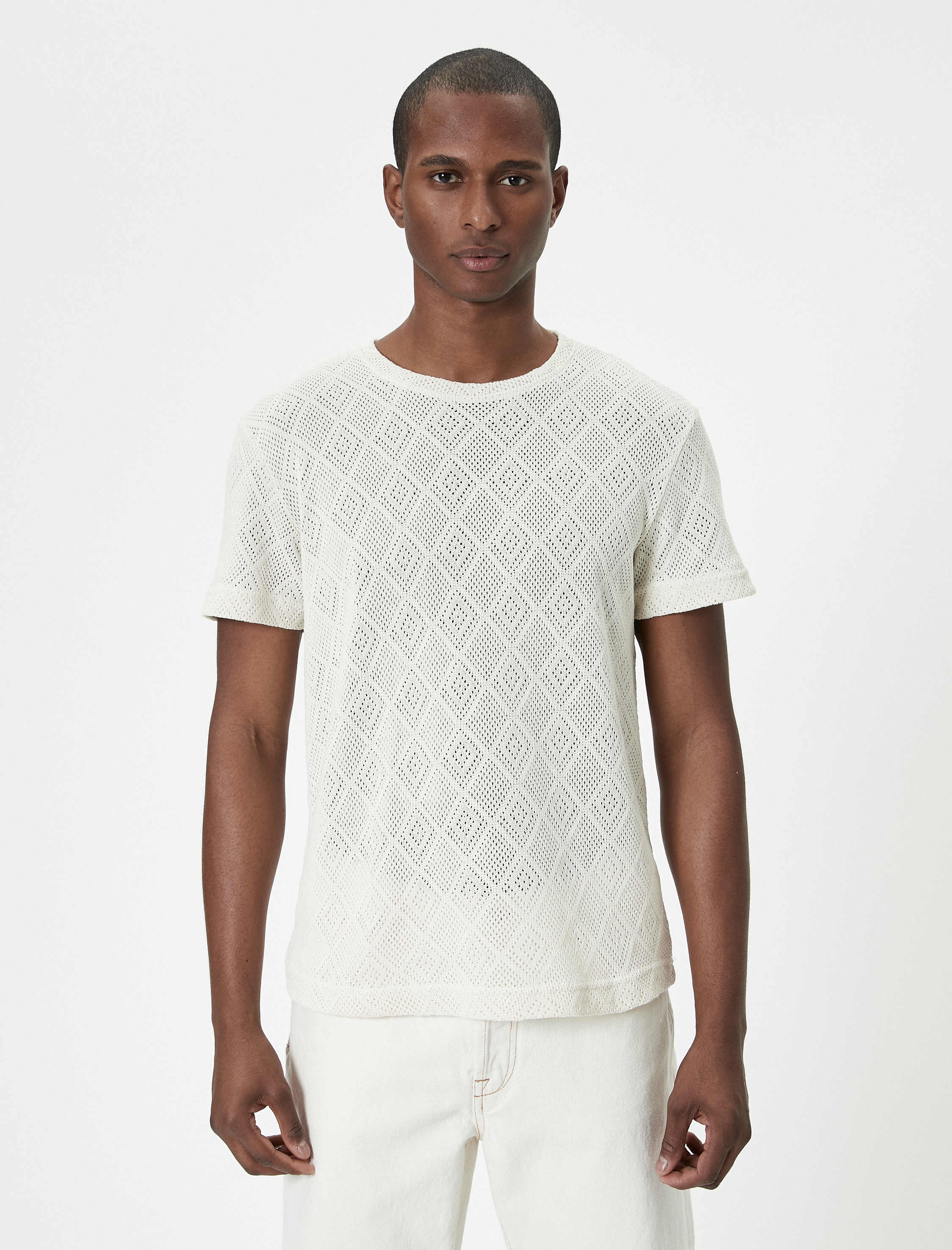   Ajurlu Tişört Bisiklet Yaka Kısa Kollu