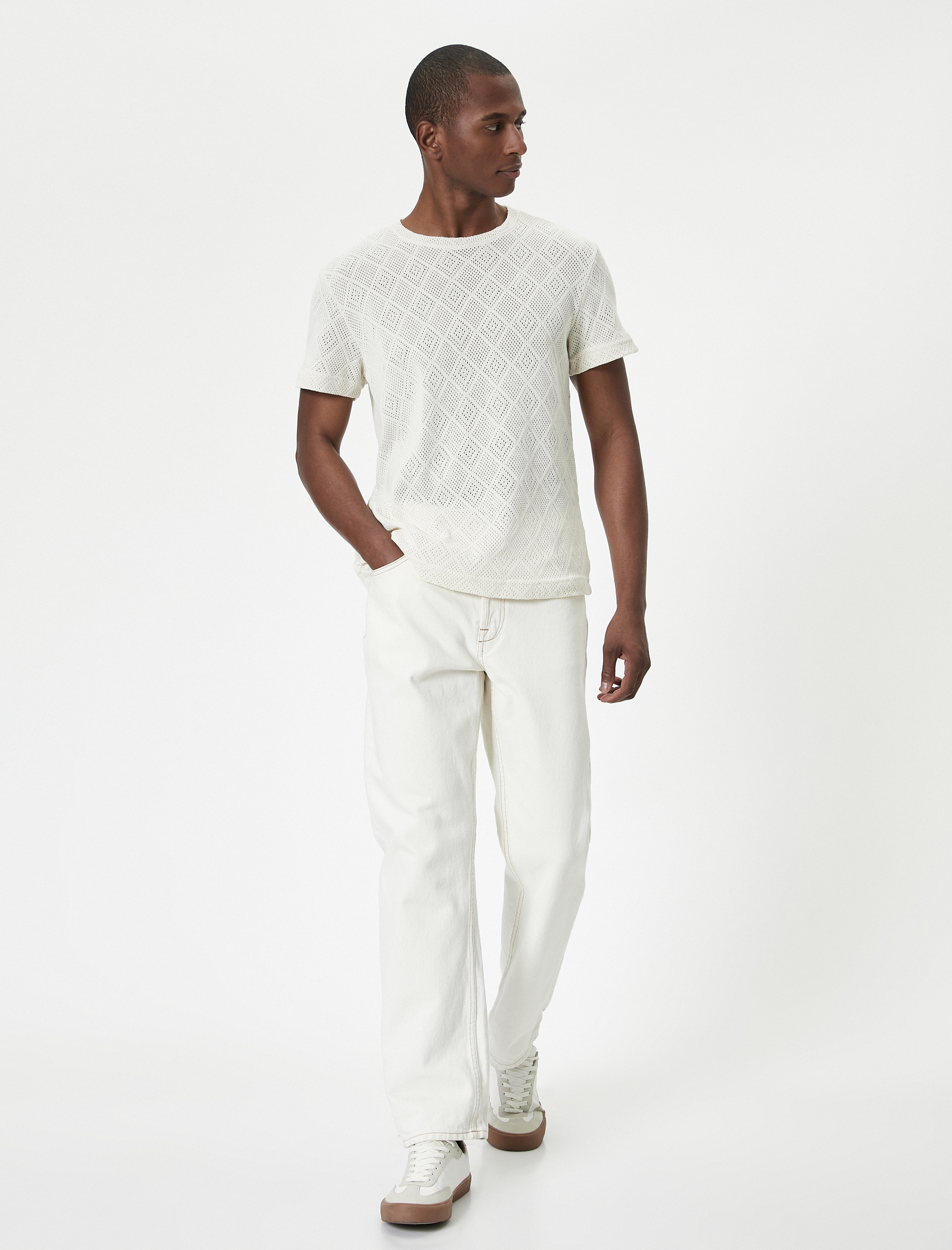   Ajurlu Tişört Bisiklet Yaka Kısa Kollu