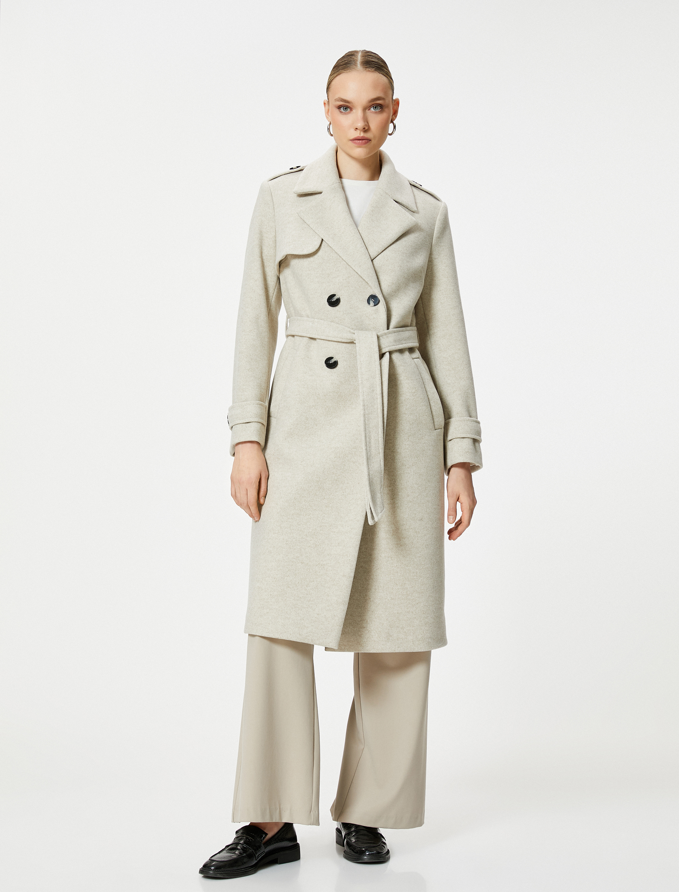   Kruvaze Kaban Düğmeli Kuşaklı Cepli Apoletli