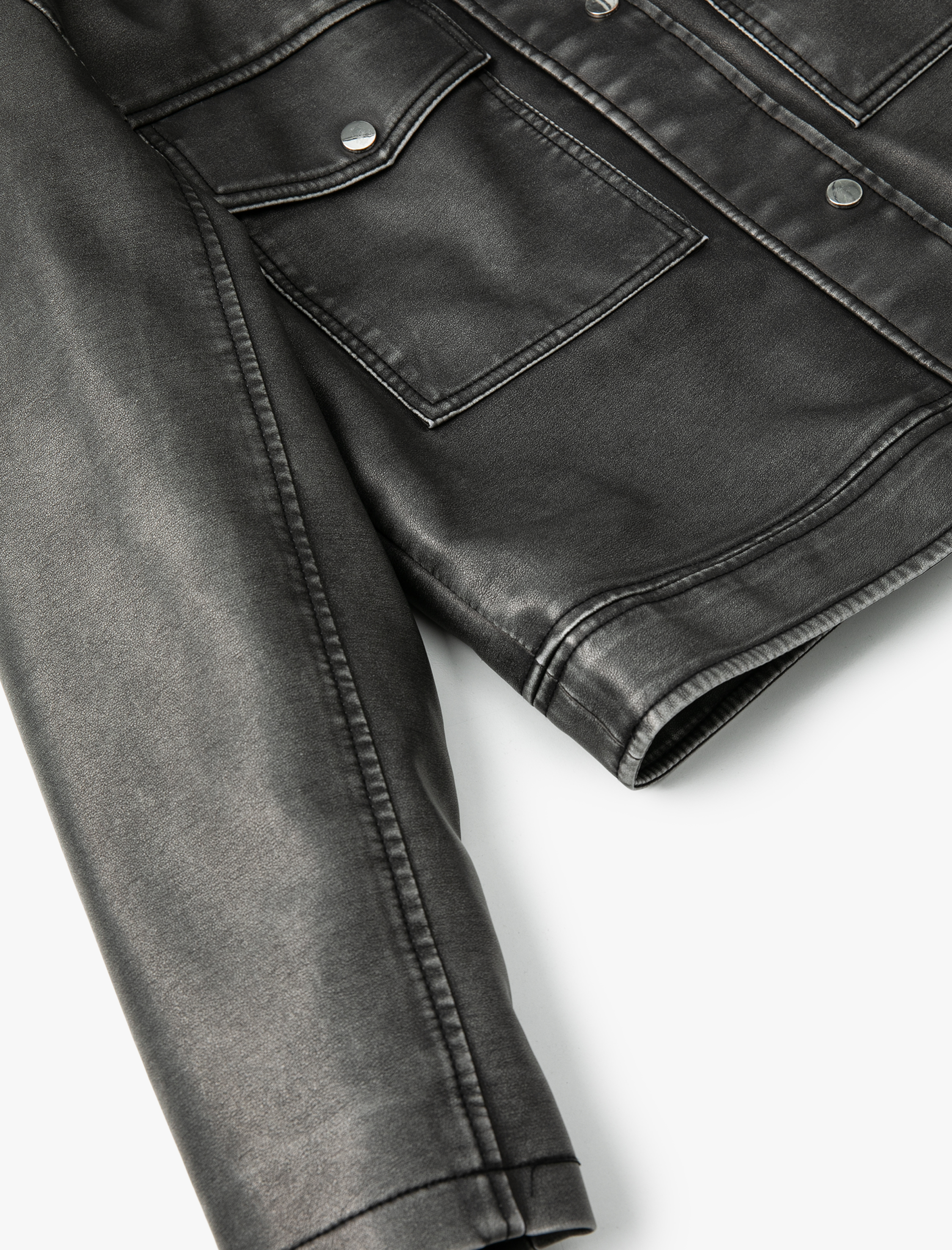   Suni Deri Ceket Eskitilmiş Görünümlü Fermuarlı Gömlek Yaka Cepli