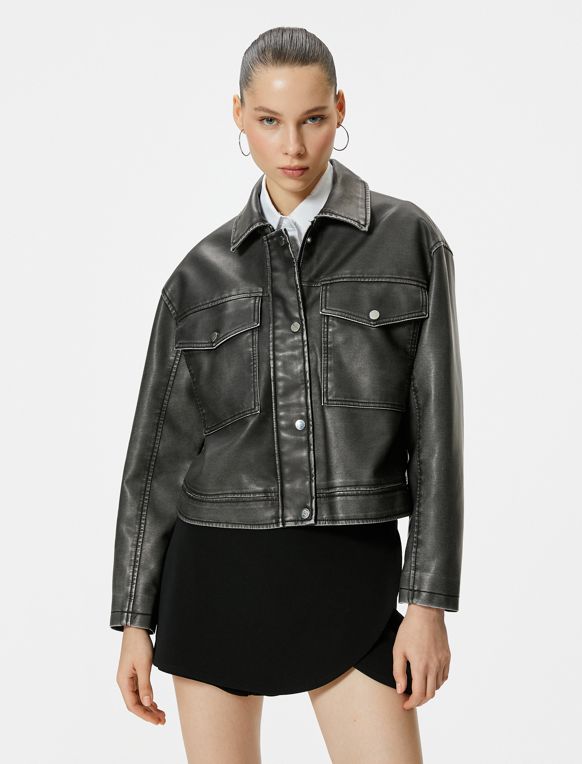   Suni Deri Ceket Eskitilmiş Görünümlü Fermuarlı Gömlek Yaka Cepli