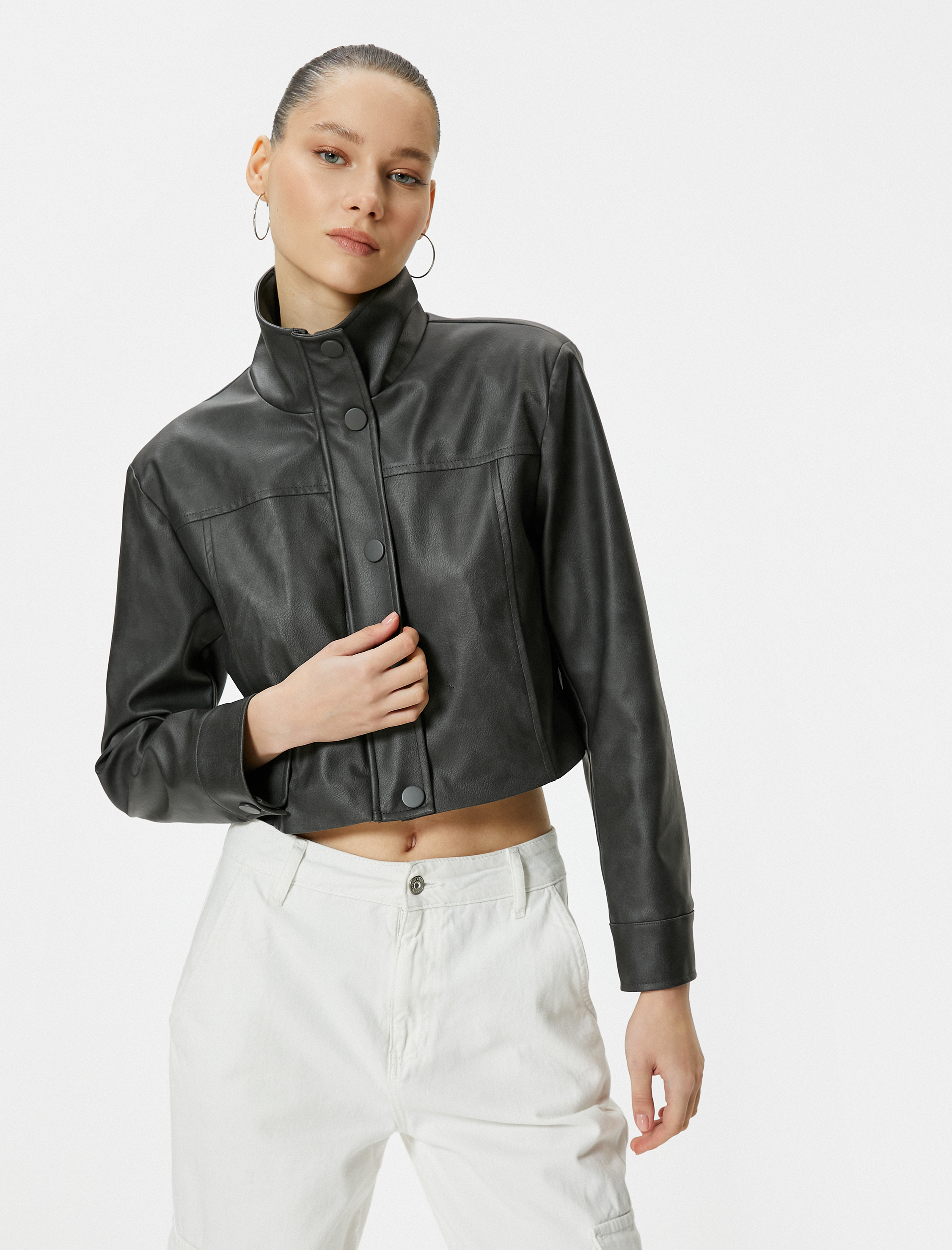   Suni Deri Ceket Dik Yaka Düğmeli