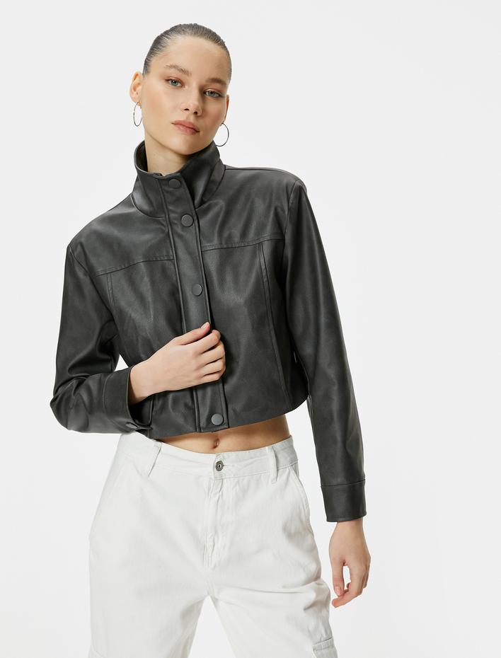  Suni Deri Ceket Dik Yaka Düğmeli