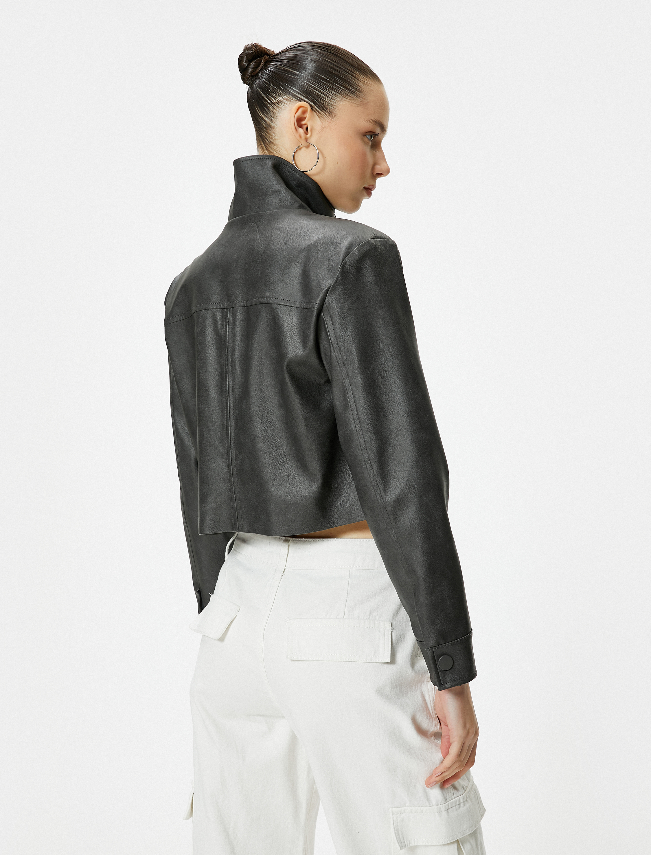   Suni Deri Ceket Dik Yaka Düğmeli