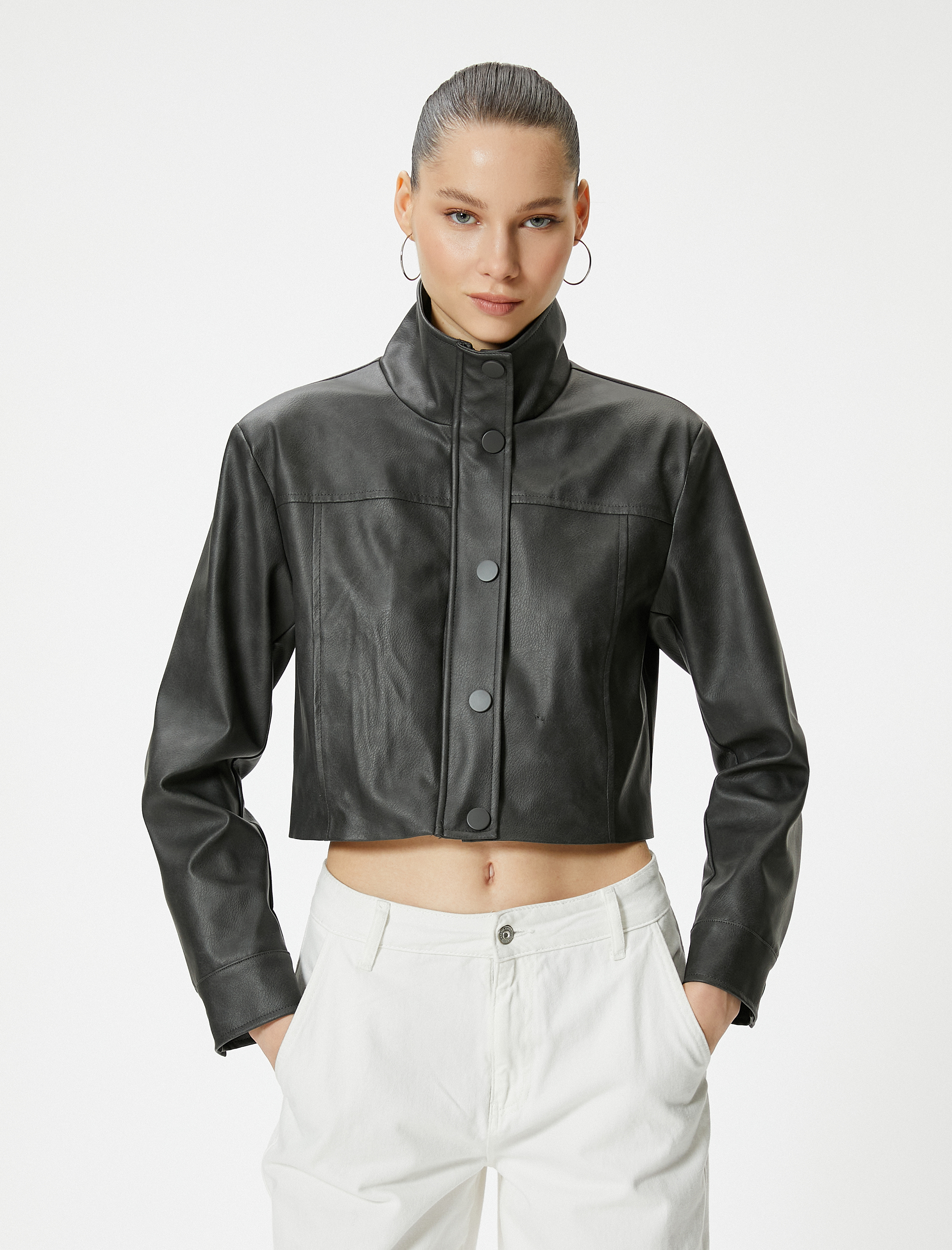   Suni Deri Ceket Dik Yaka Düğmeli