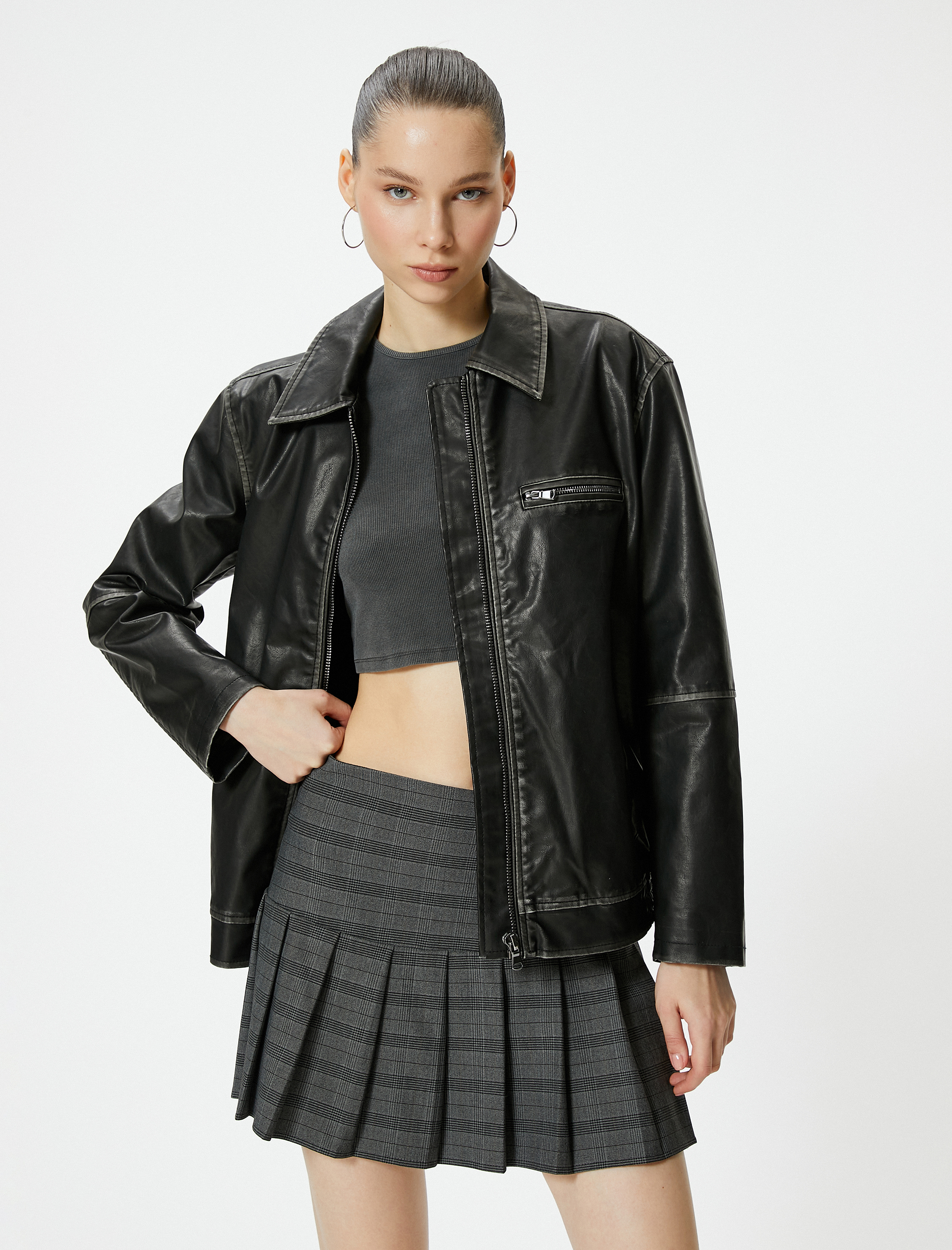   Oversize Suni Deri Ceket Eskitilmiş Görünümlü Fermuarlı Gömlek Yaka Cepli