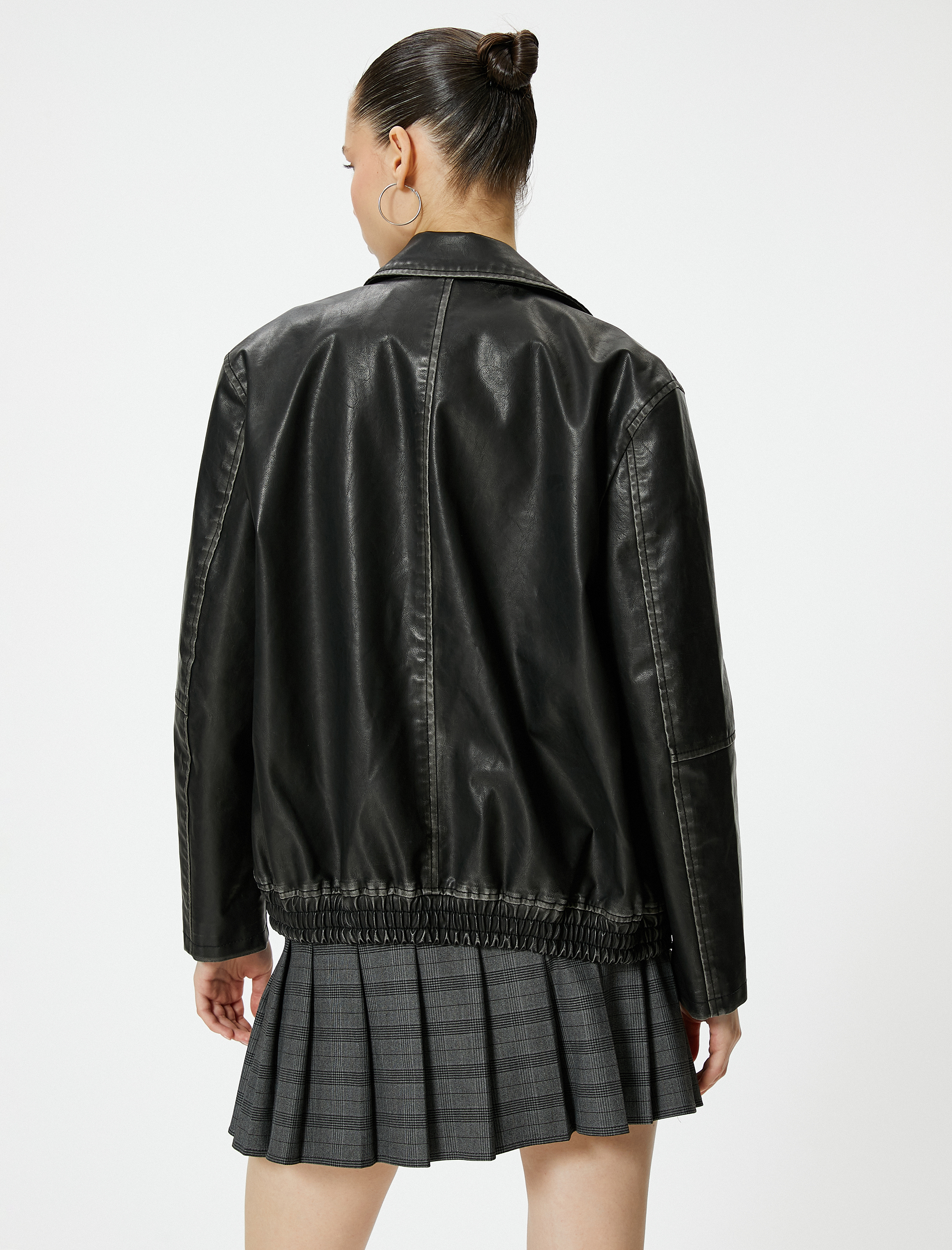   Oversize Suni Deri Ceket Eskitilmiş Görünümlü Fermuarlı Gömlek Yaka Cepli