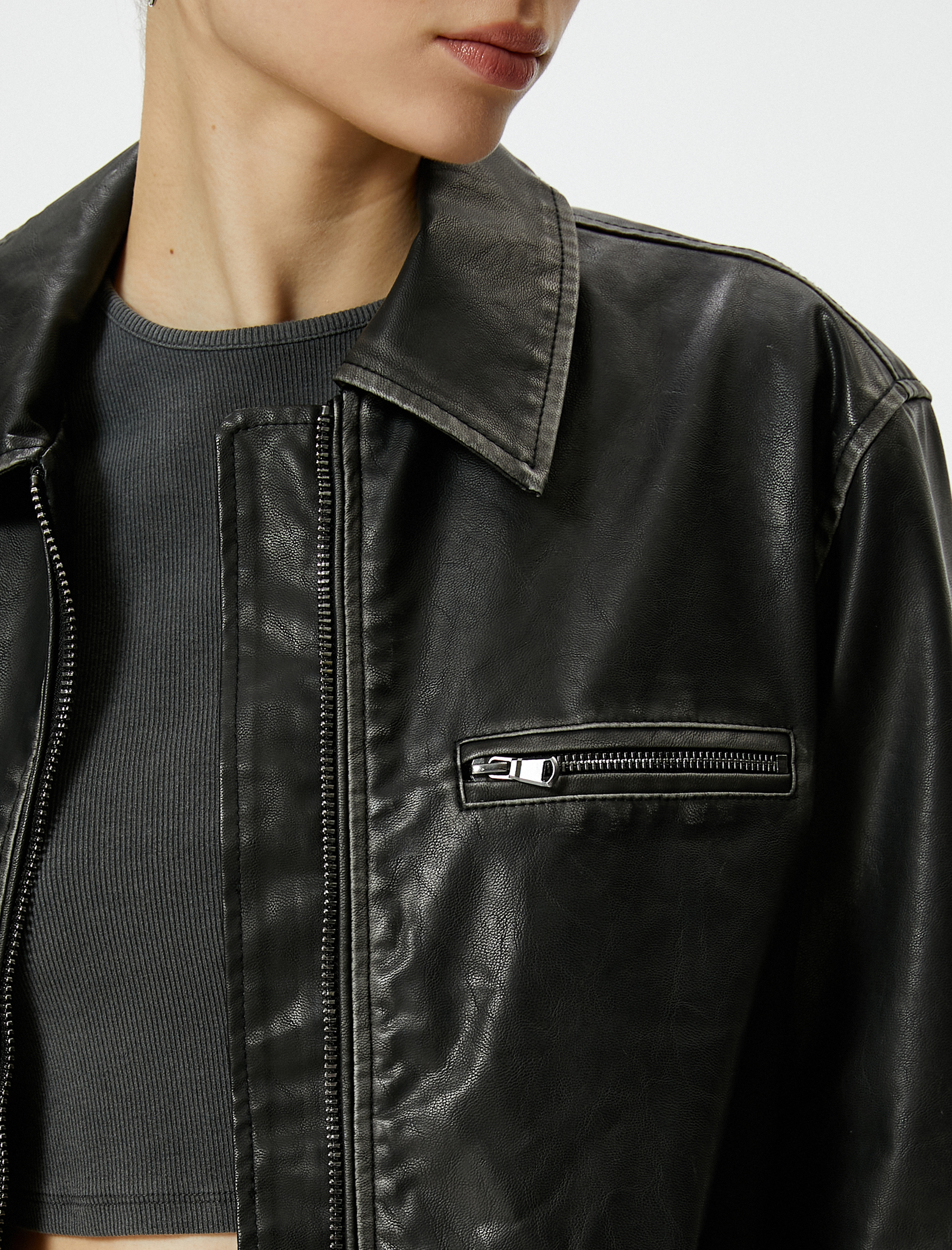   Oversize Suni Deri Ceket Eskitilmiş Görünümlü Fermuarlı Gömlek Yaka Cepli