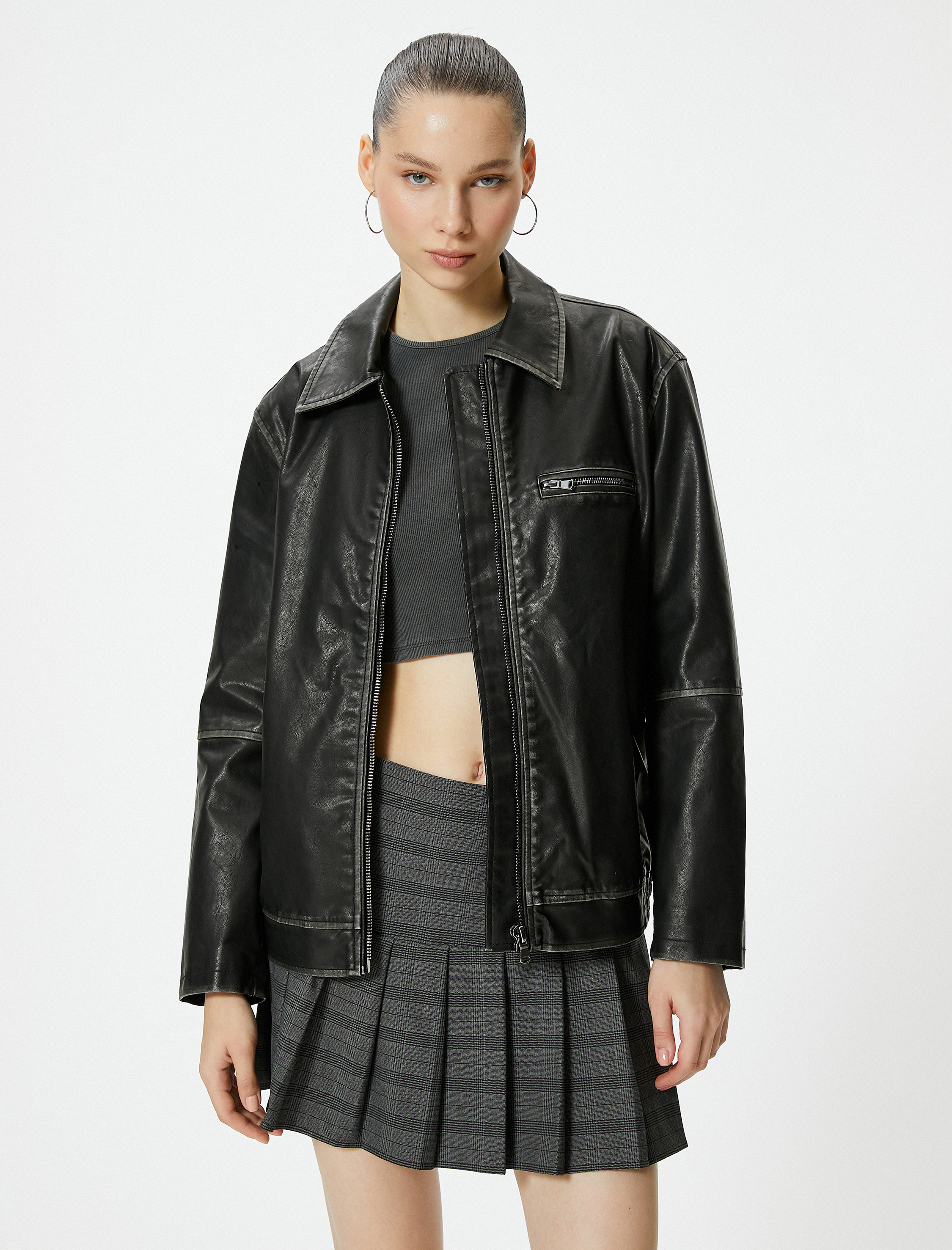   Oversize Suni Deri Ceket Eskitilmiş Görünümlü Fermuarlı Gömlek Yaka Cepli