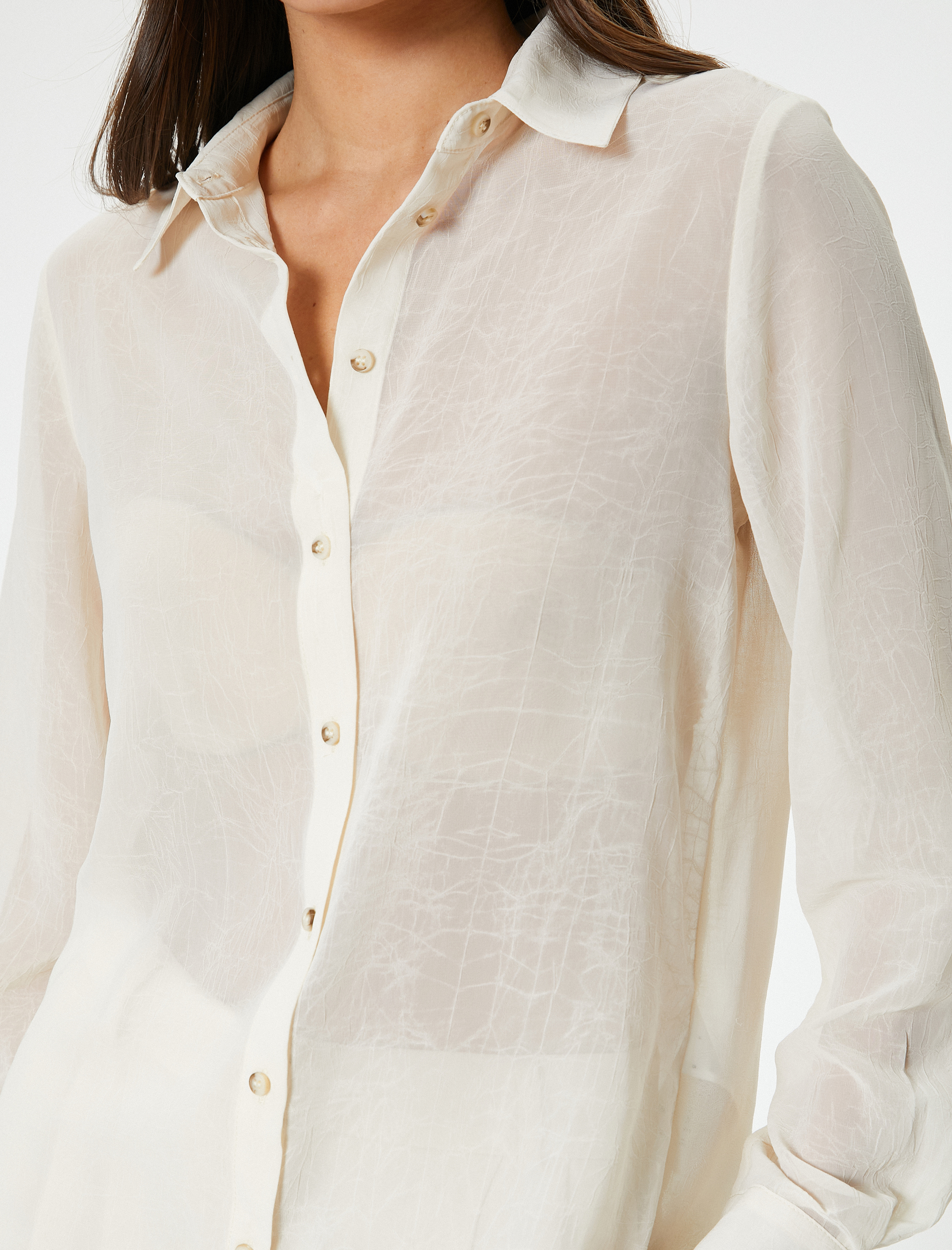   Uzun Kollu Gömlek Dokulu Düğmeli Klasik Yaka