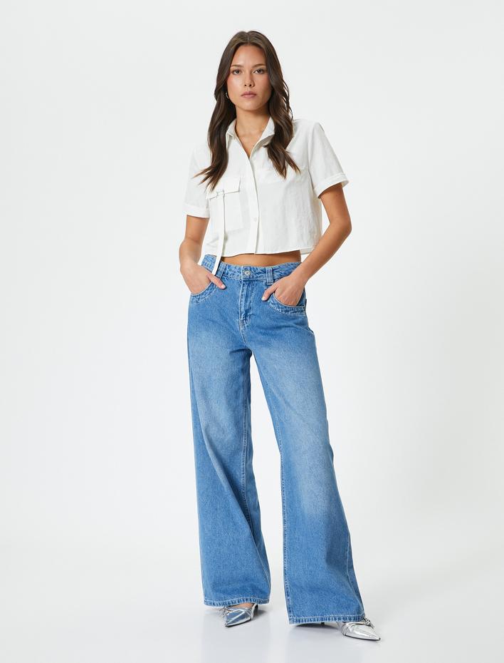  Crop Gömlek Kargo Cepli Düğmeli Kısa Kollu