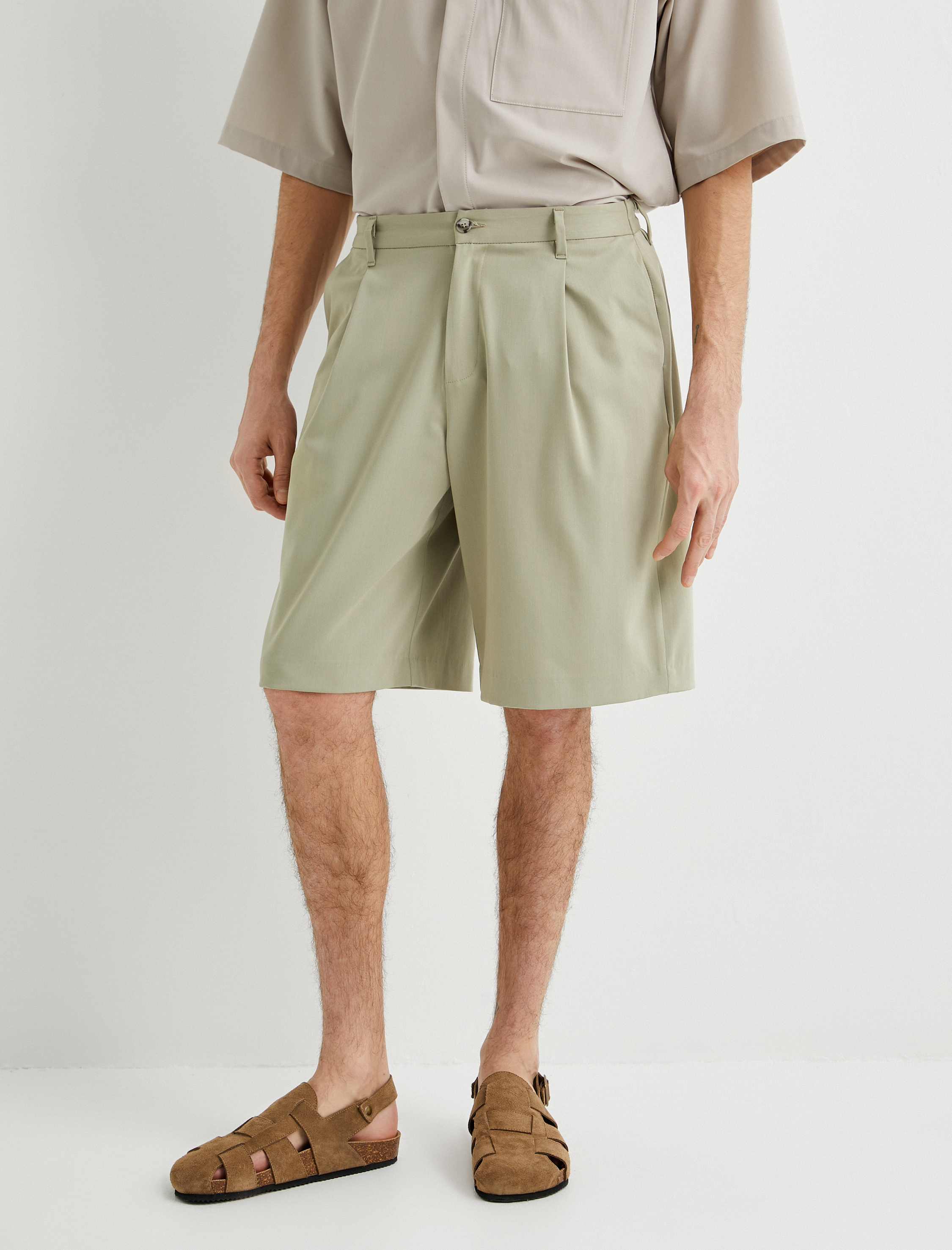   Kumaş Şort Oversize Pileli Chino Düğmeli Cep Detaylı