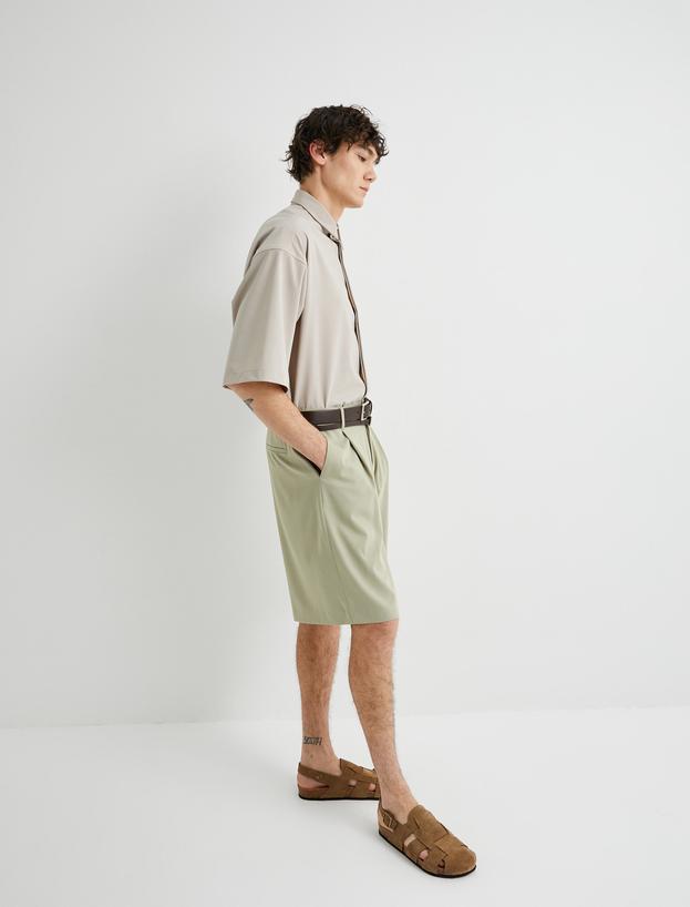 Kumaş Şort Oversize Pileli Düğmeli Cep Detaylı_1