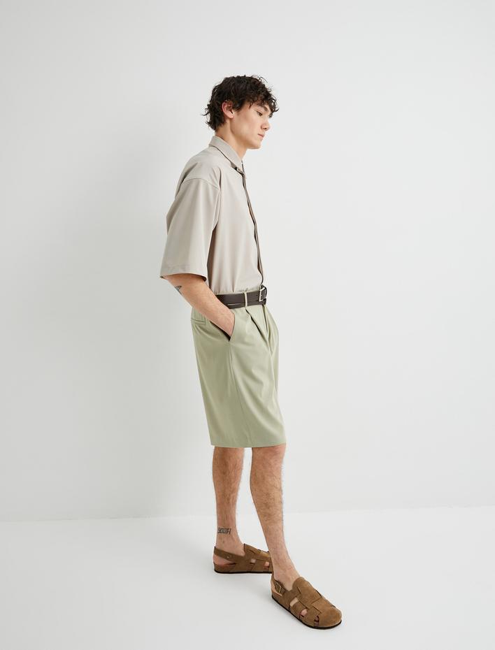  Kumaş Şort Oversize Pileli Chino Düğmeli Cep Detaylı