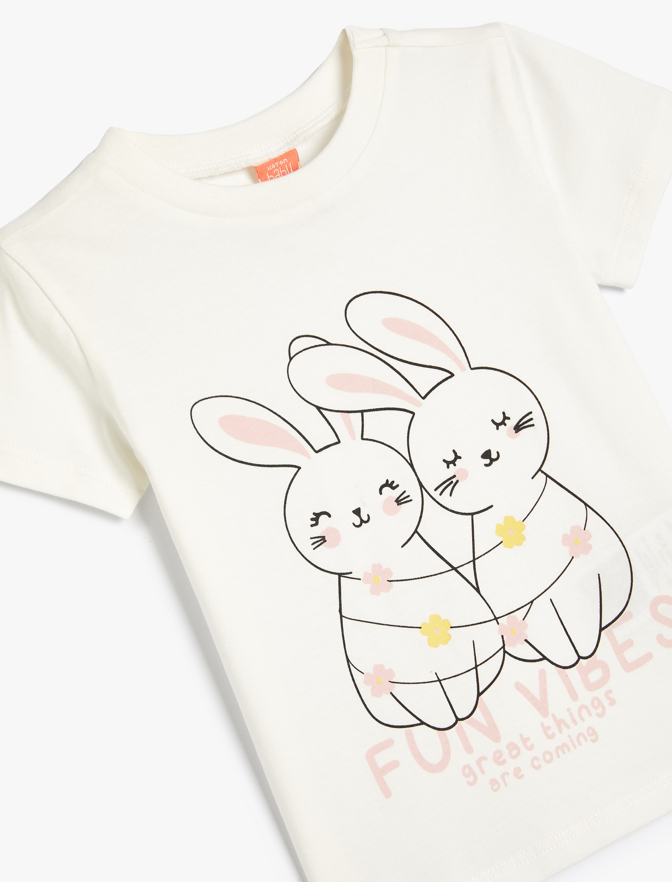  Kız Bebek Tişört Kısa Kollu Bisiklet Yaka Tavşan Baskılı Pamuklu