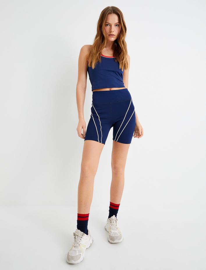  Spor Kısa Tayt Çizgi Detaylı Yüksek Bel Slim Fit