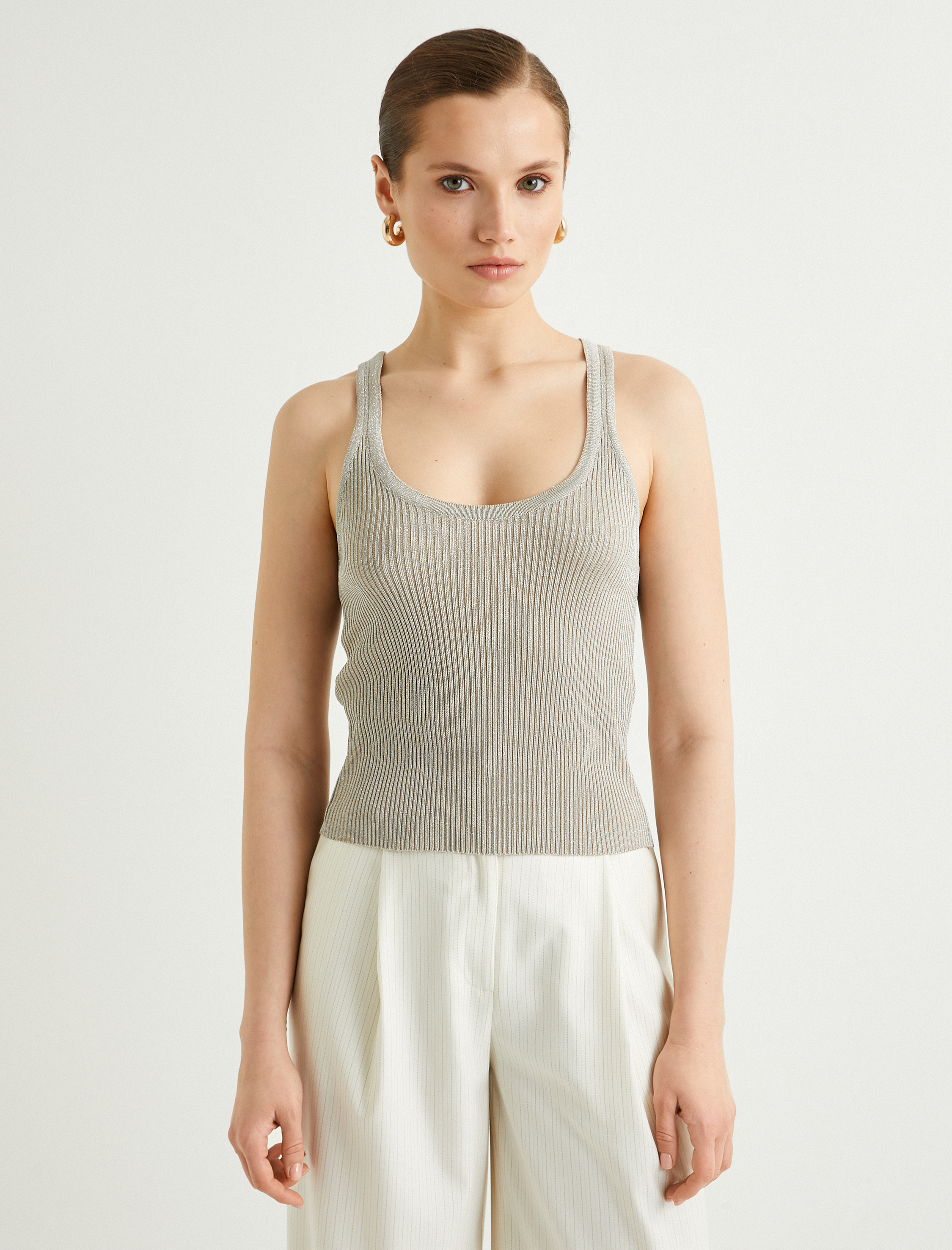 Triko Fitilli Atlet U Yaka Askılı Simli