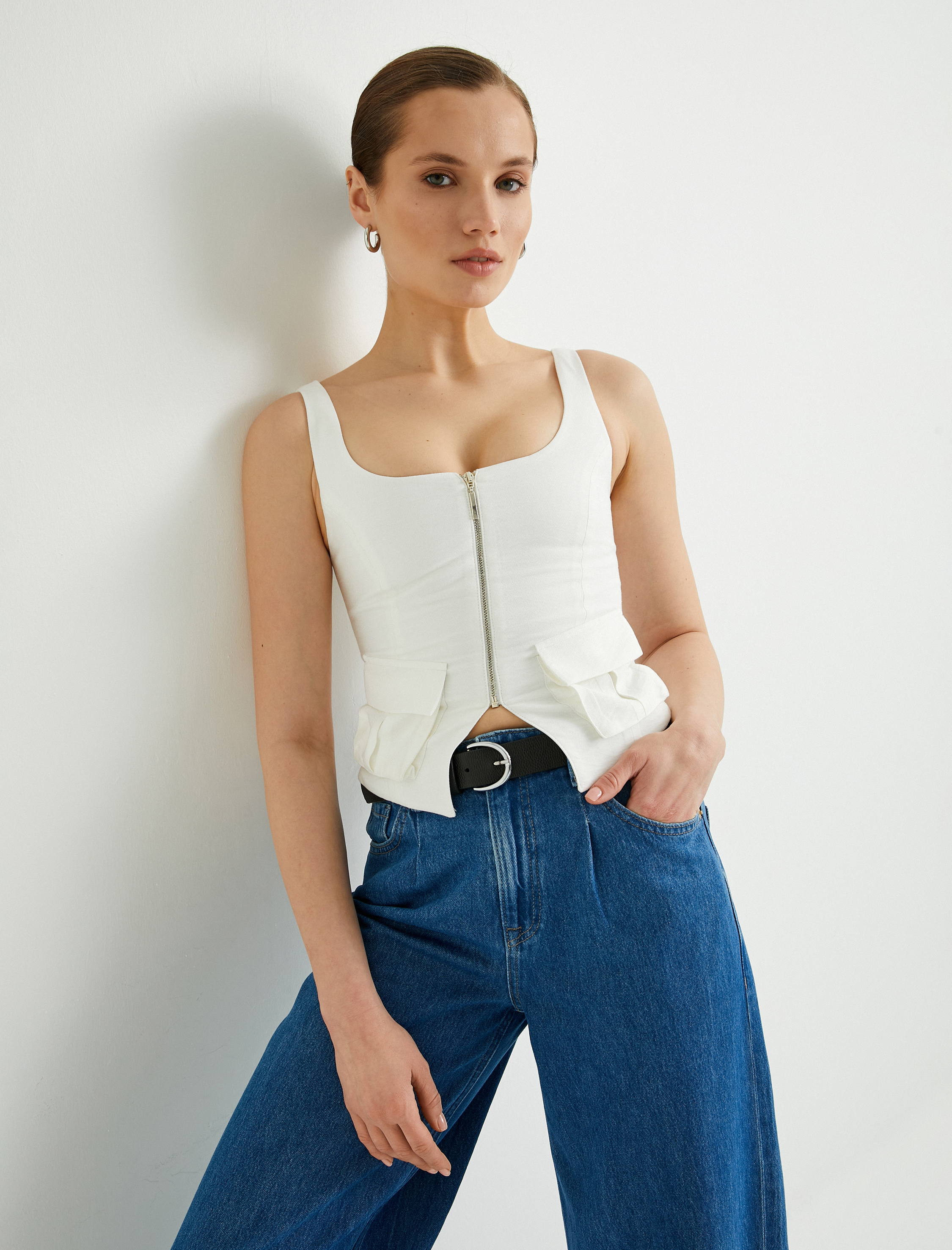   Fermuarlı Yelek Kare Yaka Kargo Cepli