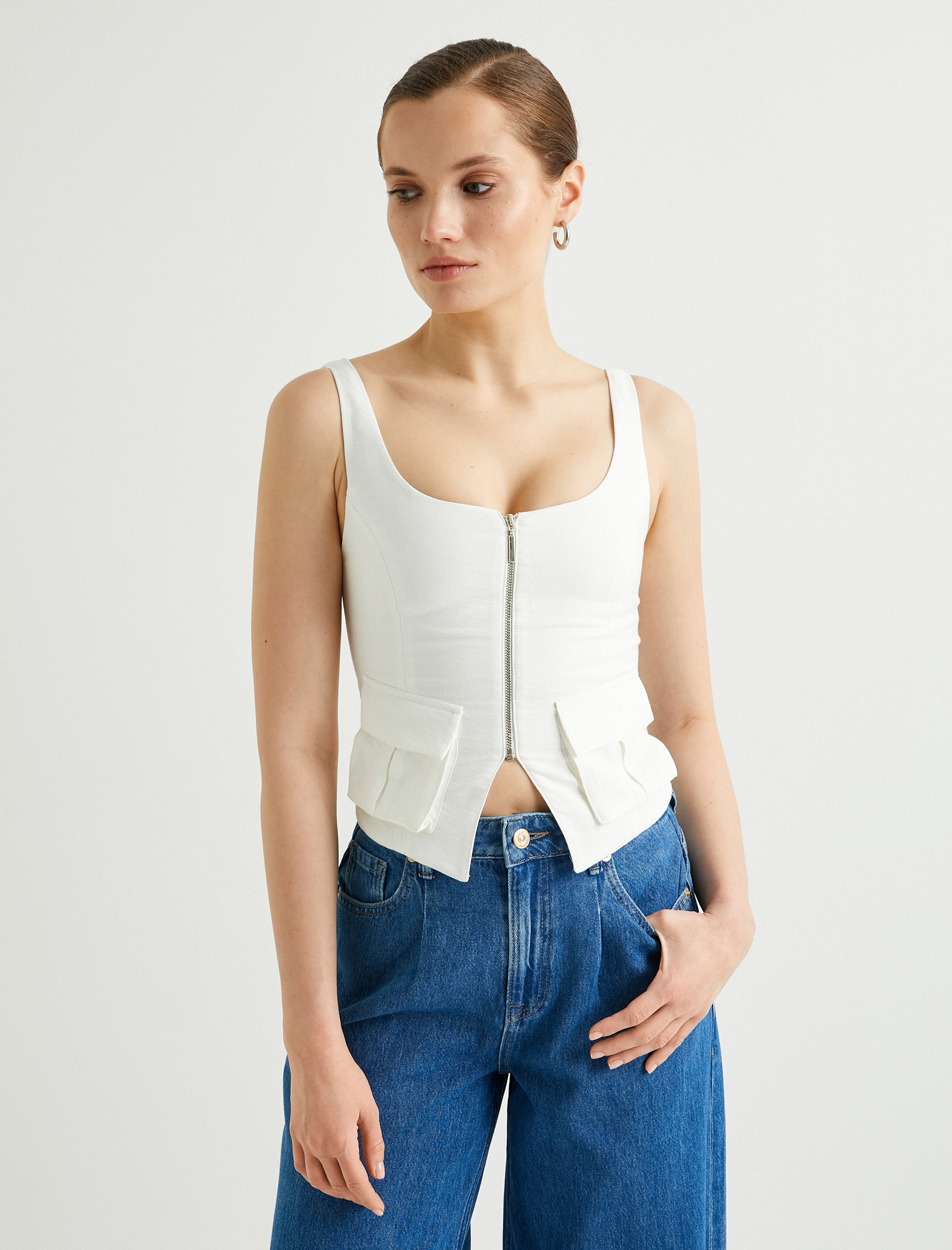   Fermuarlı Yelek Kare Yaka Kargo Cepli