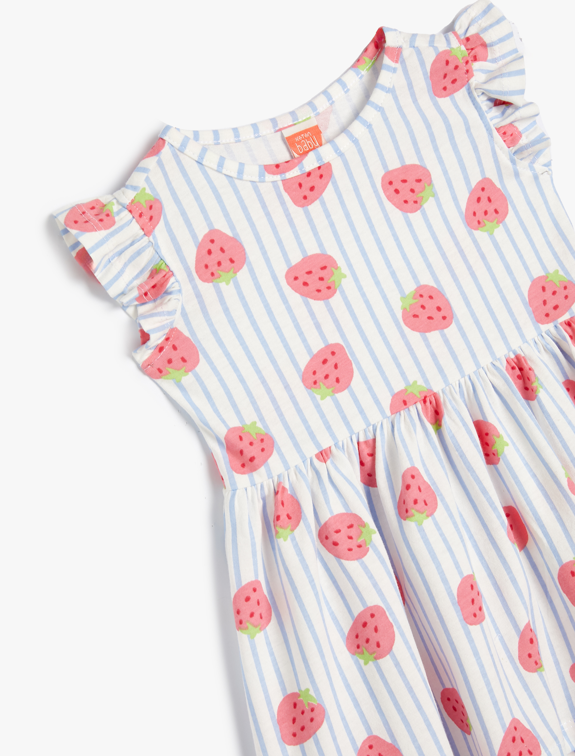  Kız Bebek Elbise Çilek Baskılı Çizgili Fırfır detaylı Pamuklu