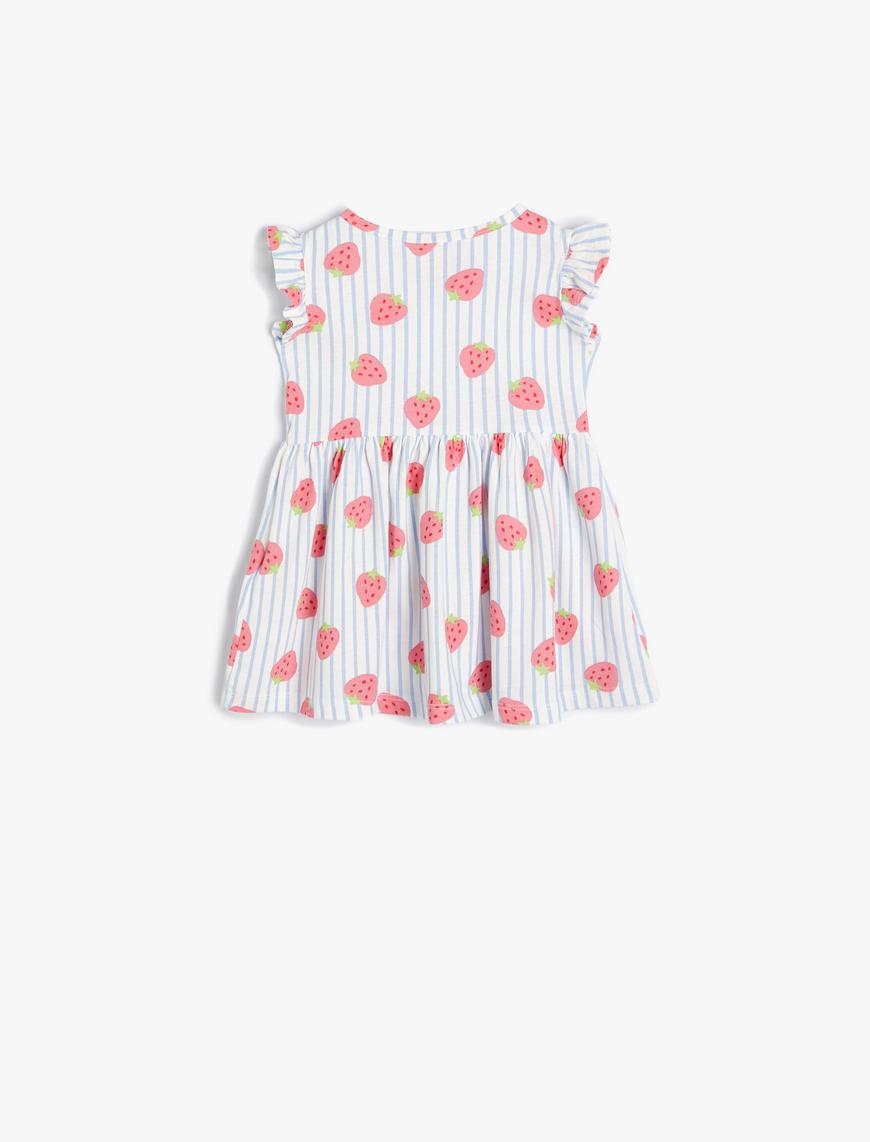  Kız Bebek Elbise Çilek Baskılı Çizgili Fırfır detaylı Pamuklu