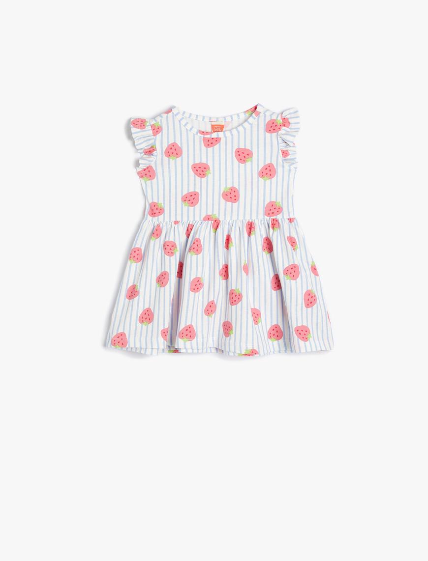  Kız Bebek Elbise Çilek Baskılı Çizgili Fırfır detaylı Pamuklu