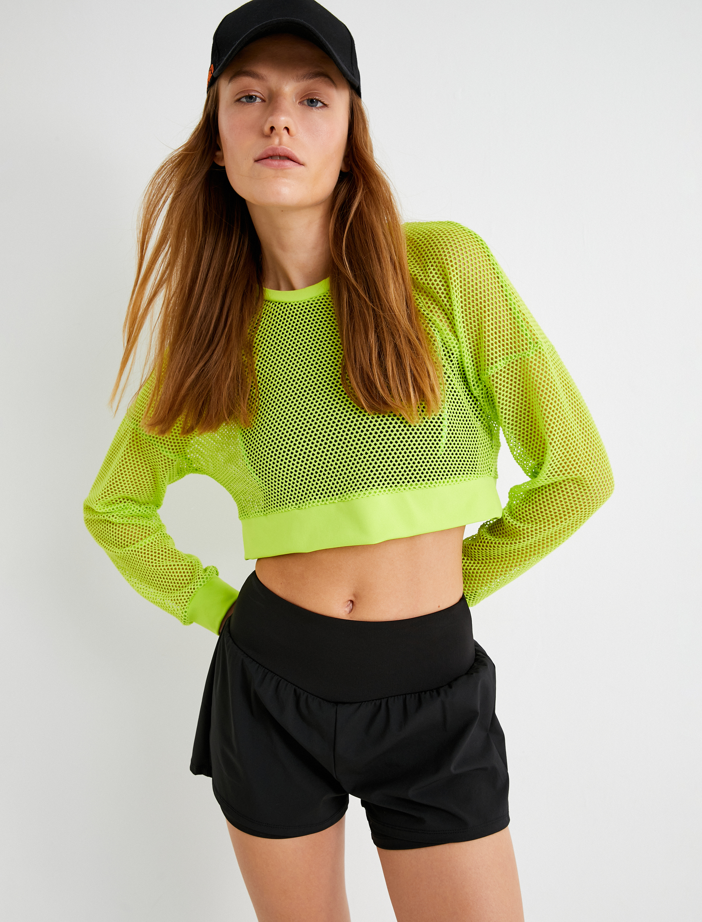   File Spor Crop Tişört Bol Kalıp Uzun Kollu Bisiklet Yaka