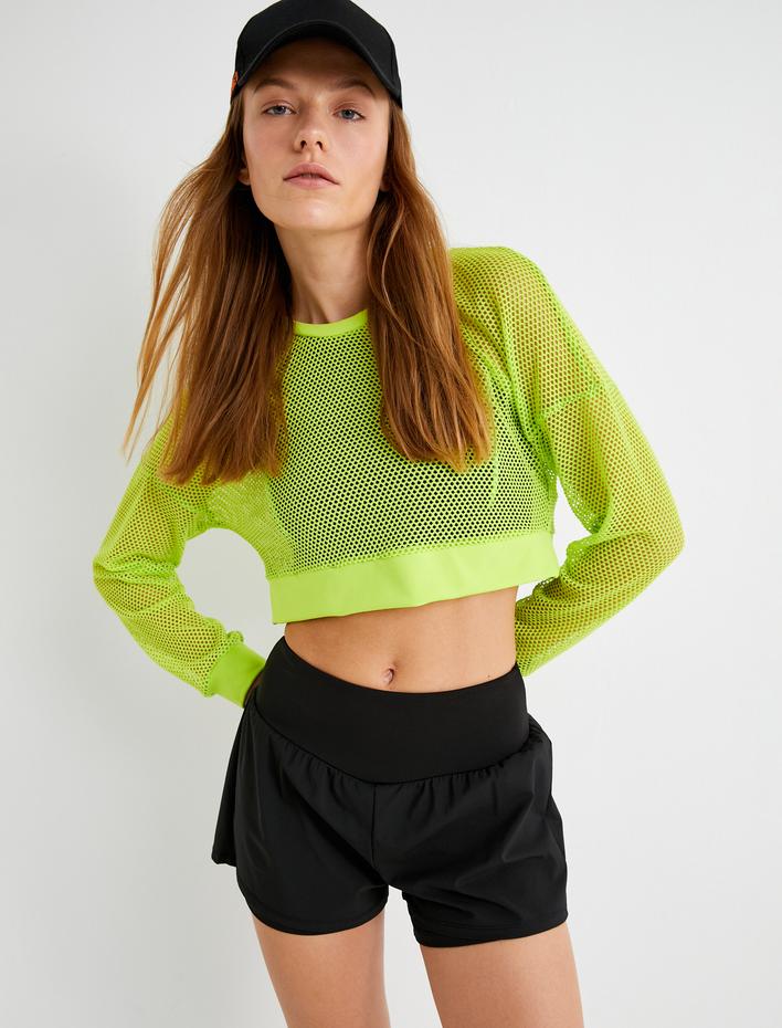  File Spor Crop Tişört Bol Kalıp Uzun Kollu Bisiklet Yaka