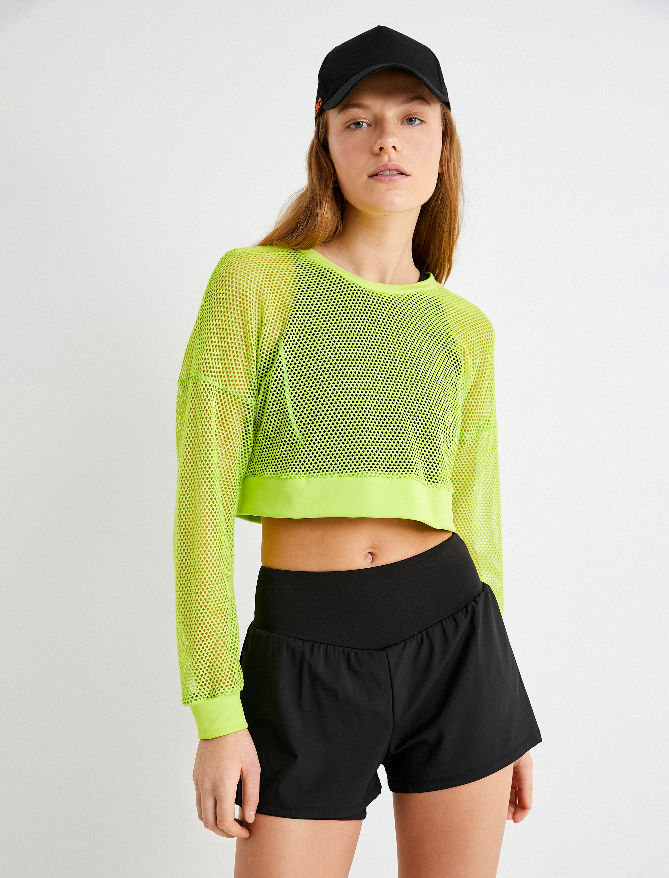   File Spor Crop Tişört Bol Kalıp Uzun Kollu Bisiklet Yaka