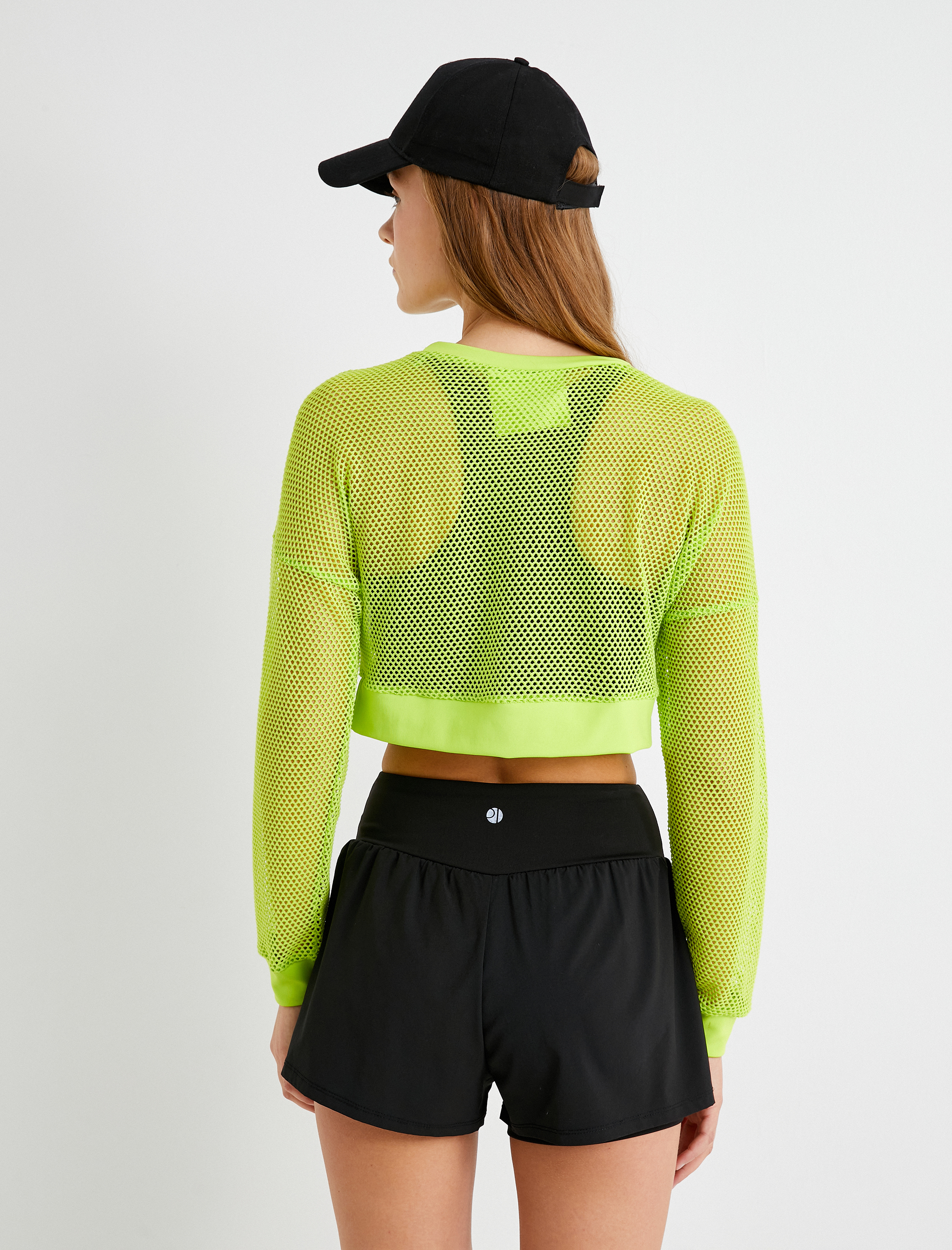   File Spor Crop Tişört Bol Kalıp Uzun Kollu Bisiklet Yaka