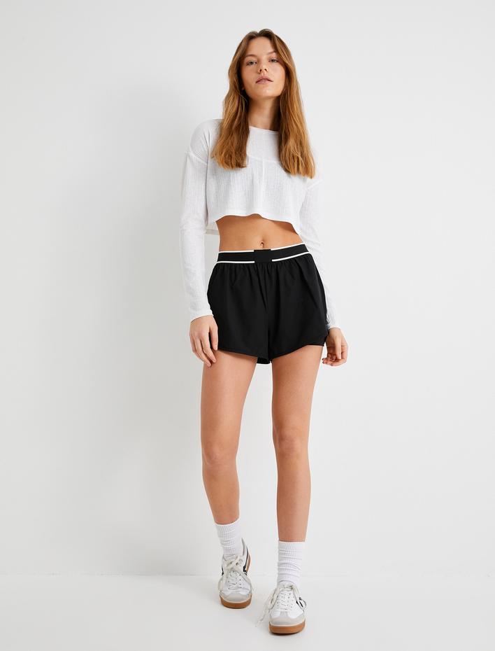  Arkası Pencere Detaylı Spor Crop Tişört Uzun Kollu Bisiklet Yaka