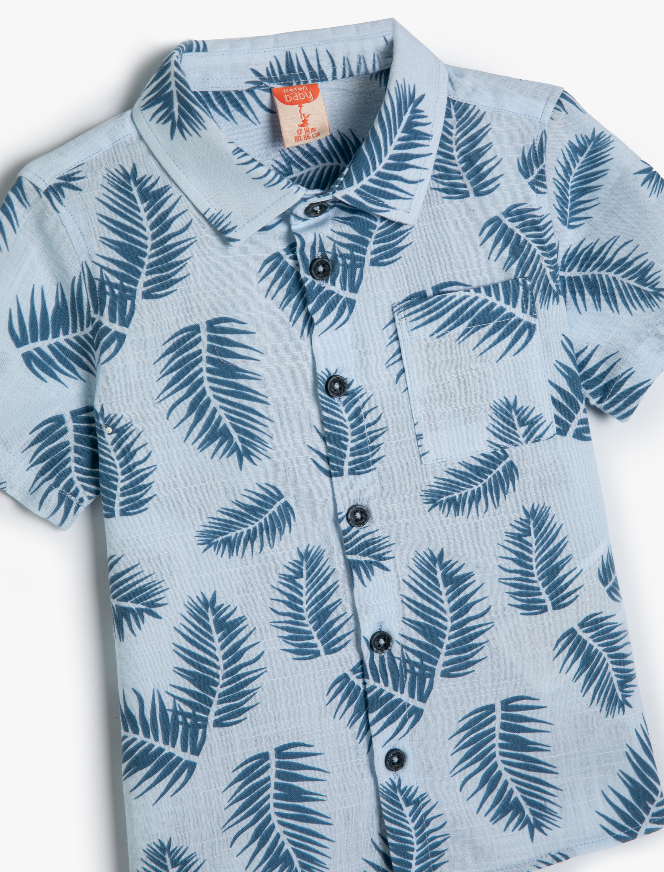 Erkek Bebek Gömlek Yaprak Baskılı Kısa Kollu Cepli Pamuklu