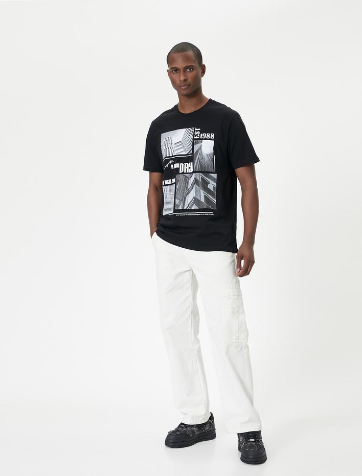  Slogan Baskılı Tişört Bisiklet Yaka Kısa Kollu Pamuklu